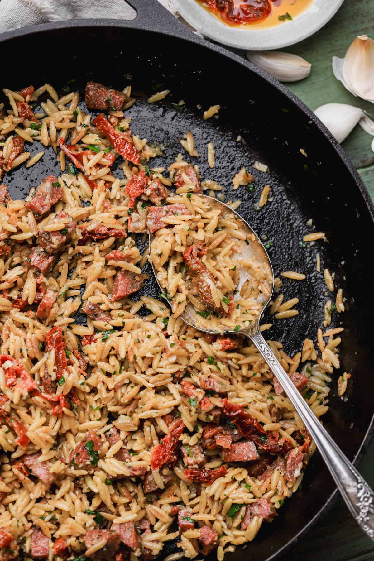 orzo pasta with sun-dried tomatoes, chorizo and parmesan.