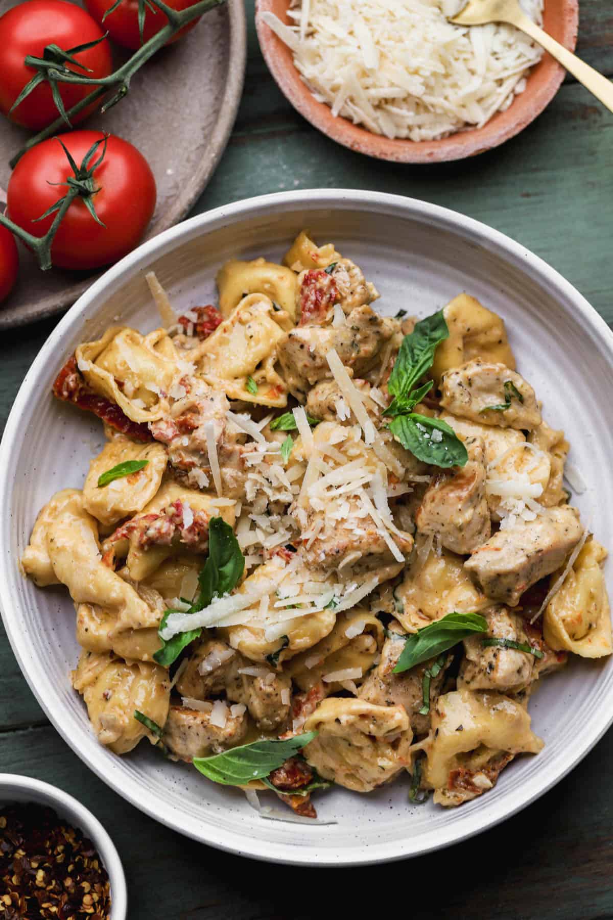 Marry me chicken tortellini with parmesan, basil and sun-dried tomatoes.  