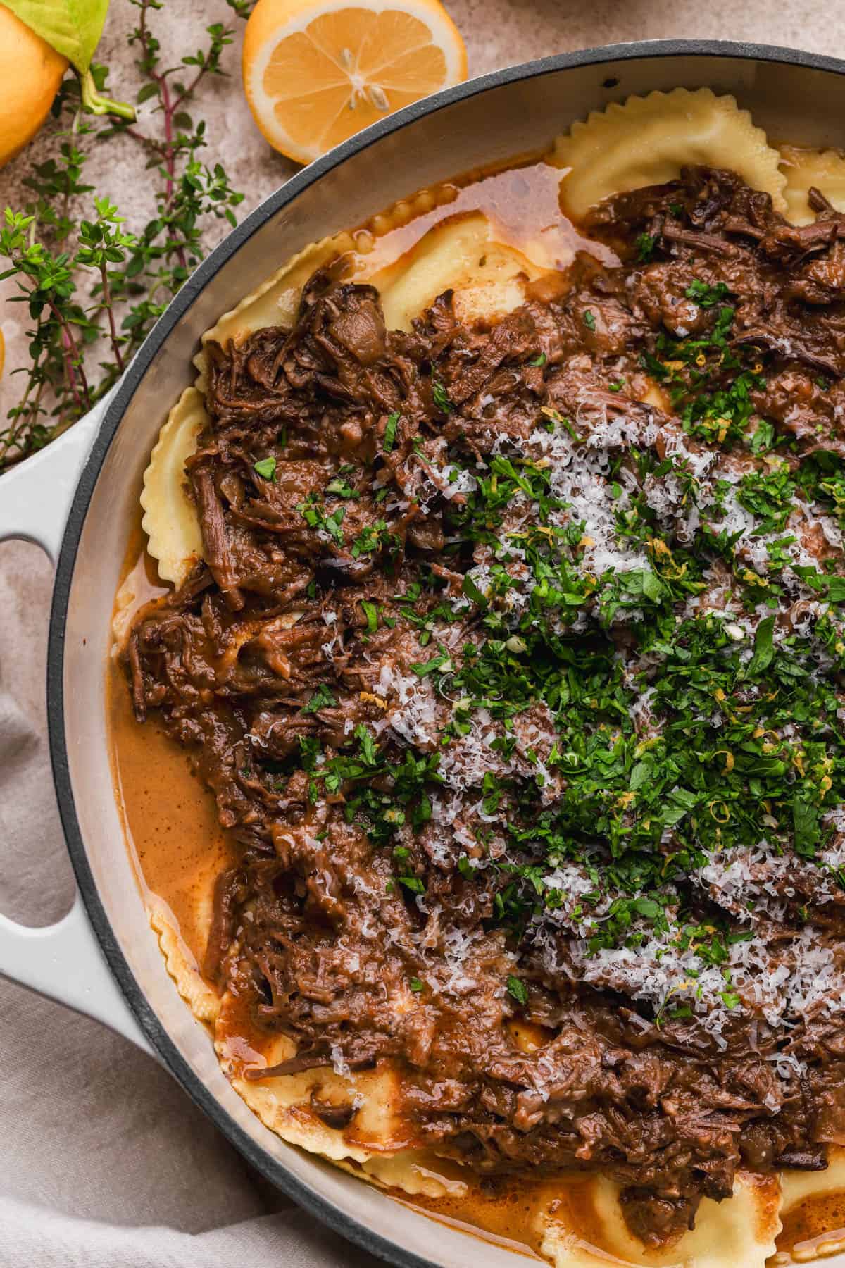 Lemon ravioli with slow braised short ribs, parmesan and gremolata.