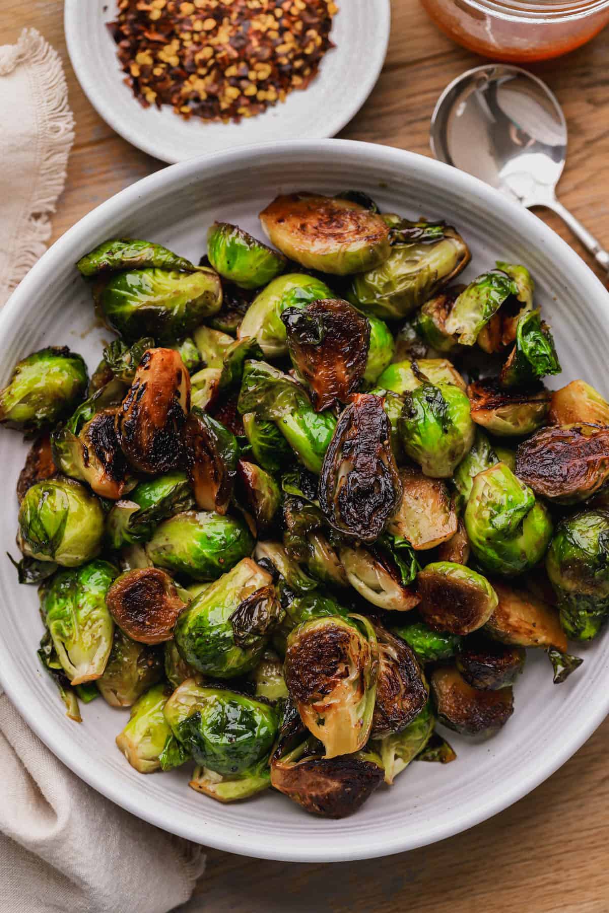 Hot honey Brussels sprouts with red pepper flakes.