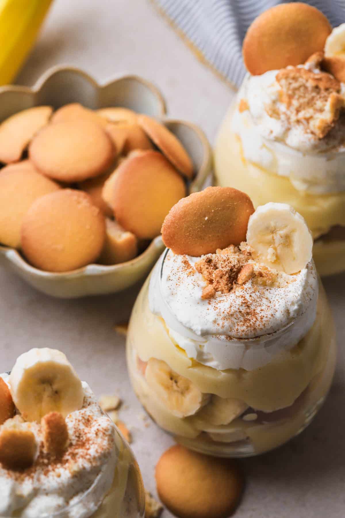 Banana pudding cups with fresh whipped cream, bananas, custard and Nila wafers. 