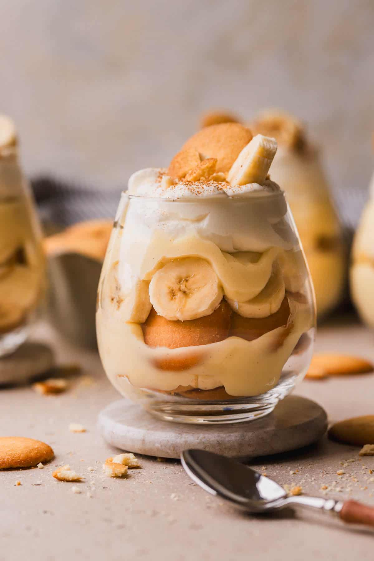 Banana pudding cups with fresh bananas, vanilla pudding, Nila wafers and homemade whipped cream.  