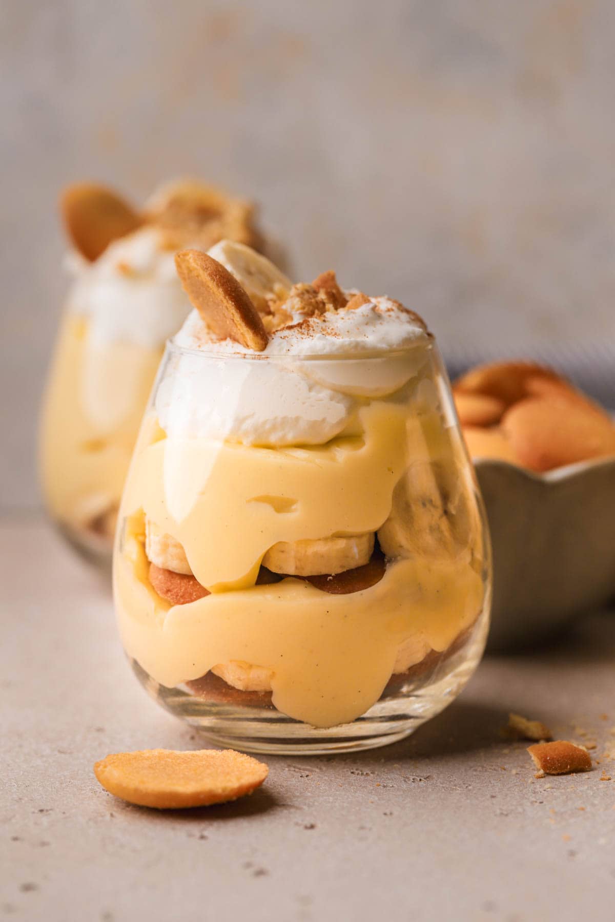 Banana pudding cups with Nila wafers, vanilla custard, fresh bananas and homemade whipped cream. 