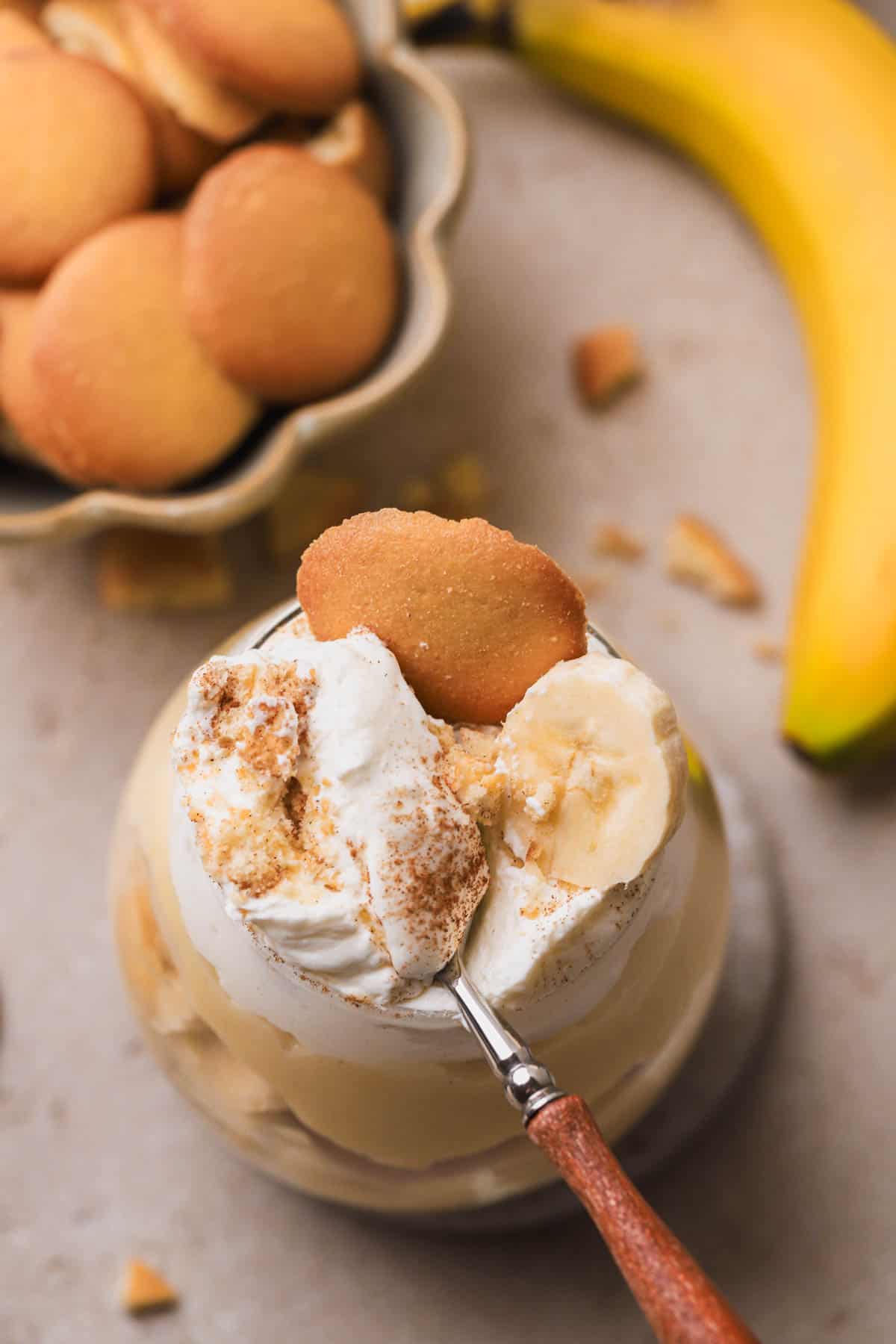 Banana pudding cups with homemade whipped cream, custard, Nila wafers and fresh bananas.  