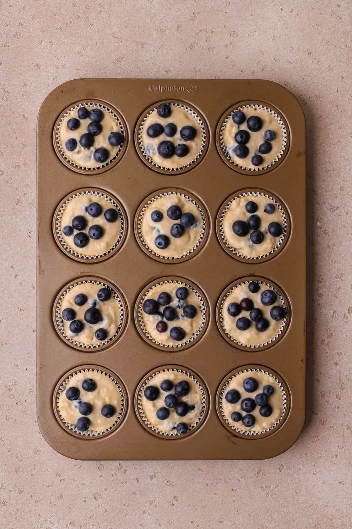 Scooped muffin batter topped with fresh blueberries.