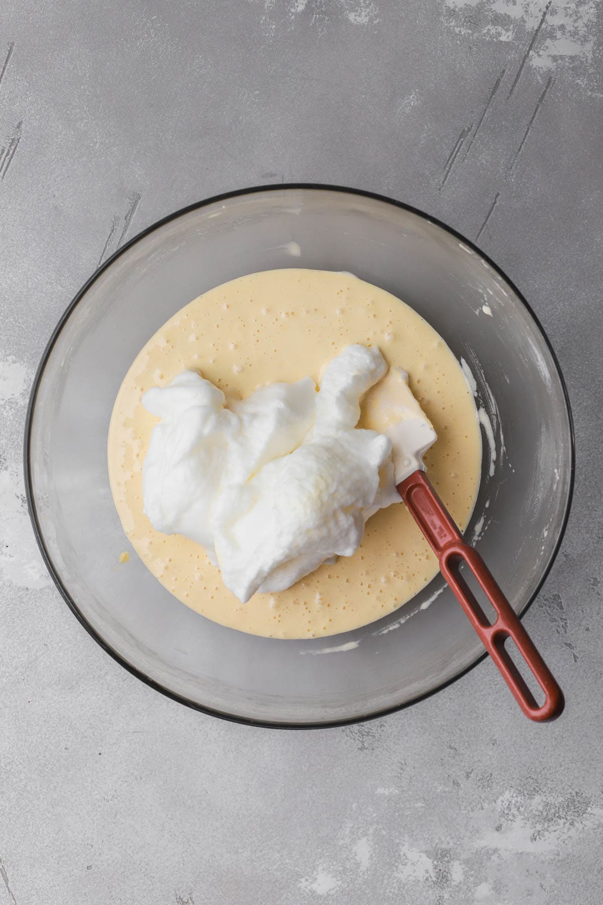 Cake batter fold with beaten egg whites.