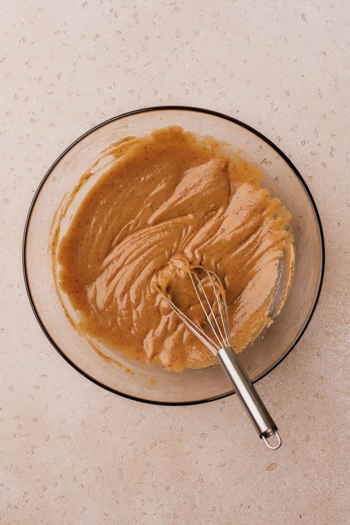 Mixed wet ingredients; brown butter, brown sugar, eggs, vanilla, maple extract and maple syrup.