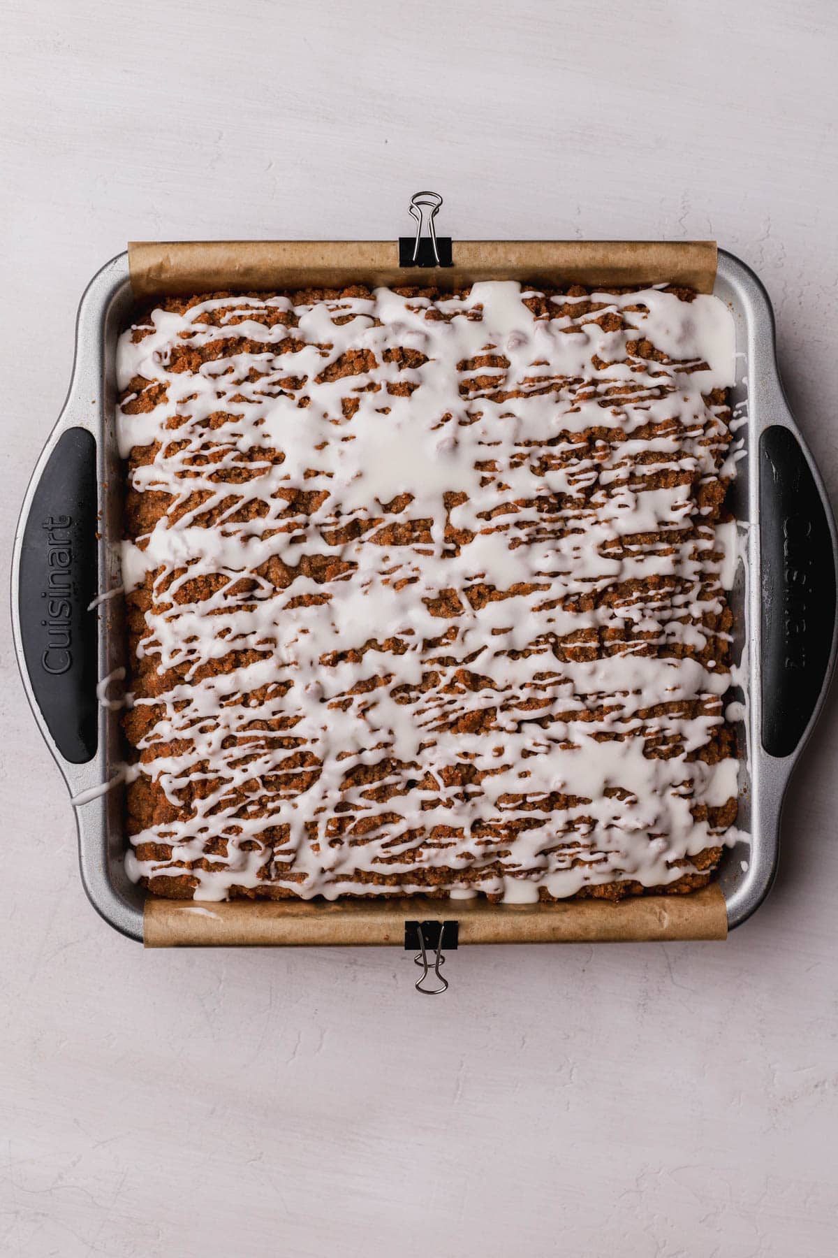 Banana cake drizzled with vanilla icing. 