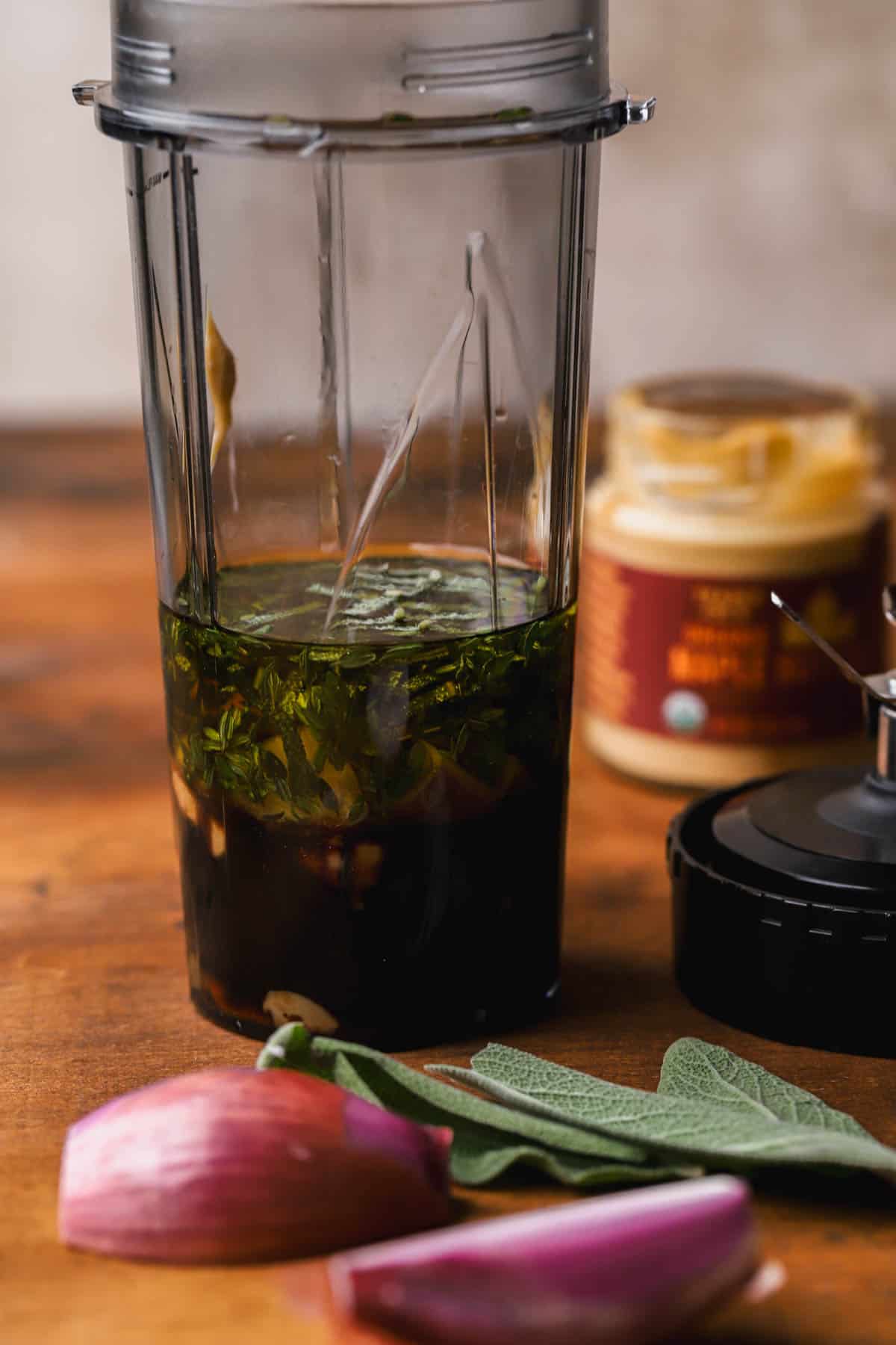 Shallots, olive oil, balsamic, maple butter, dijon, thyme, and sage. 