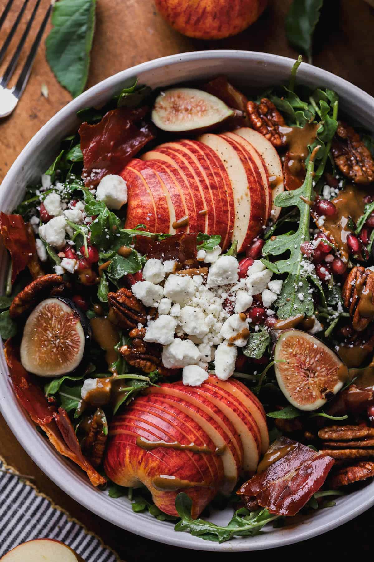 Crispy Prosciutto salad with apples, figs, pecans, pomegranate, fet and maple-balsamic dressing. 