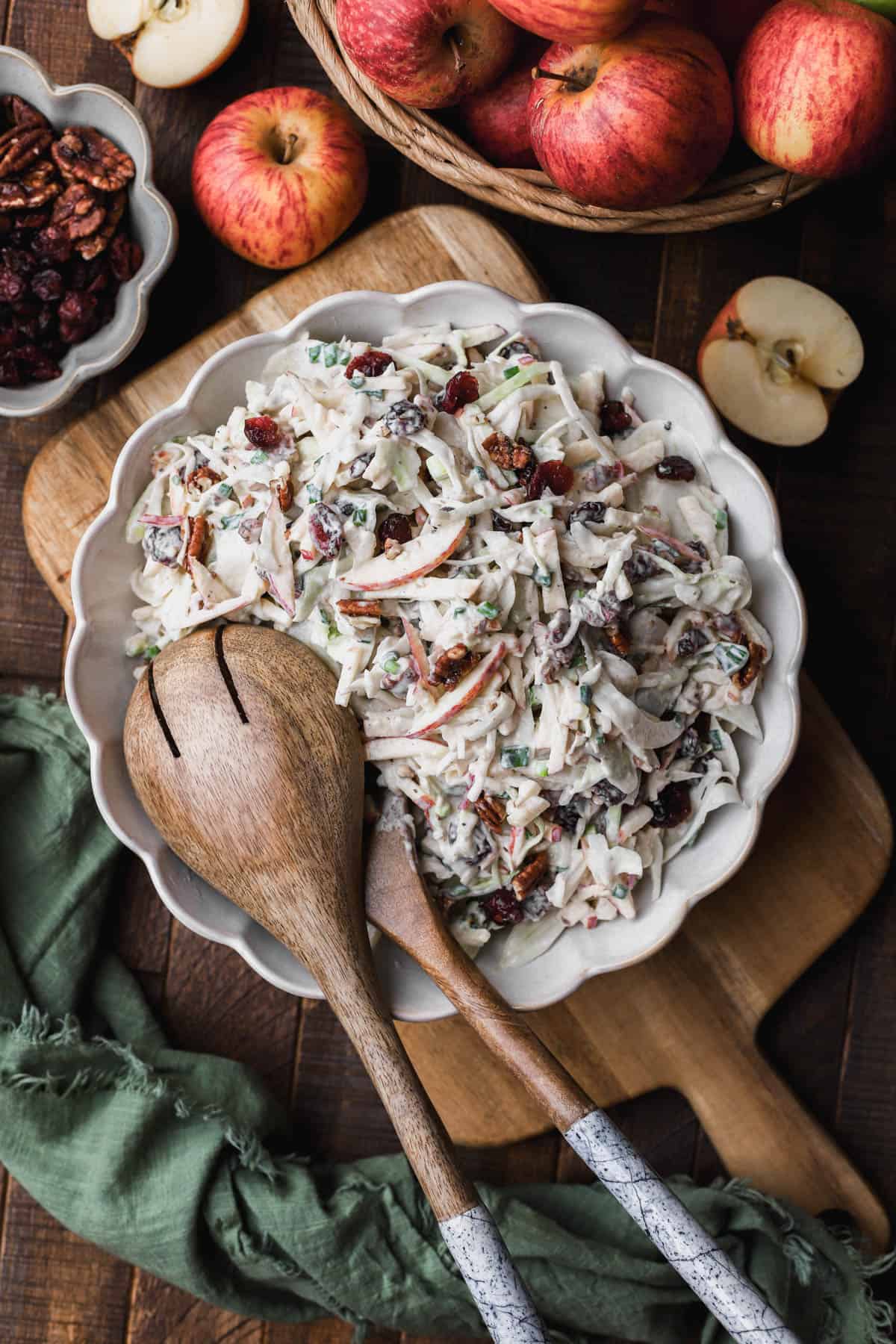 Apple Fennel Slaw with cranberries, pecans, green onions and creamy homemade dressing.