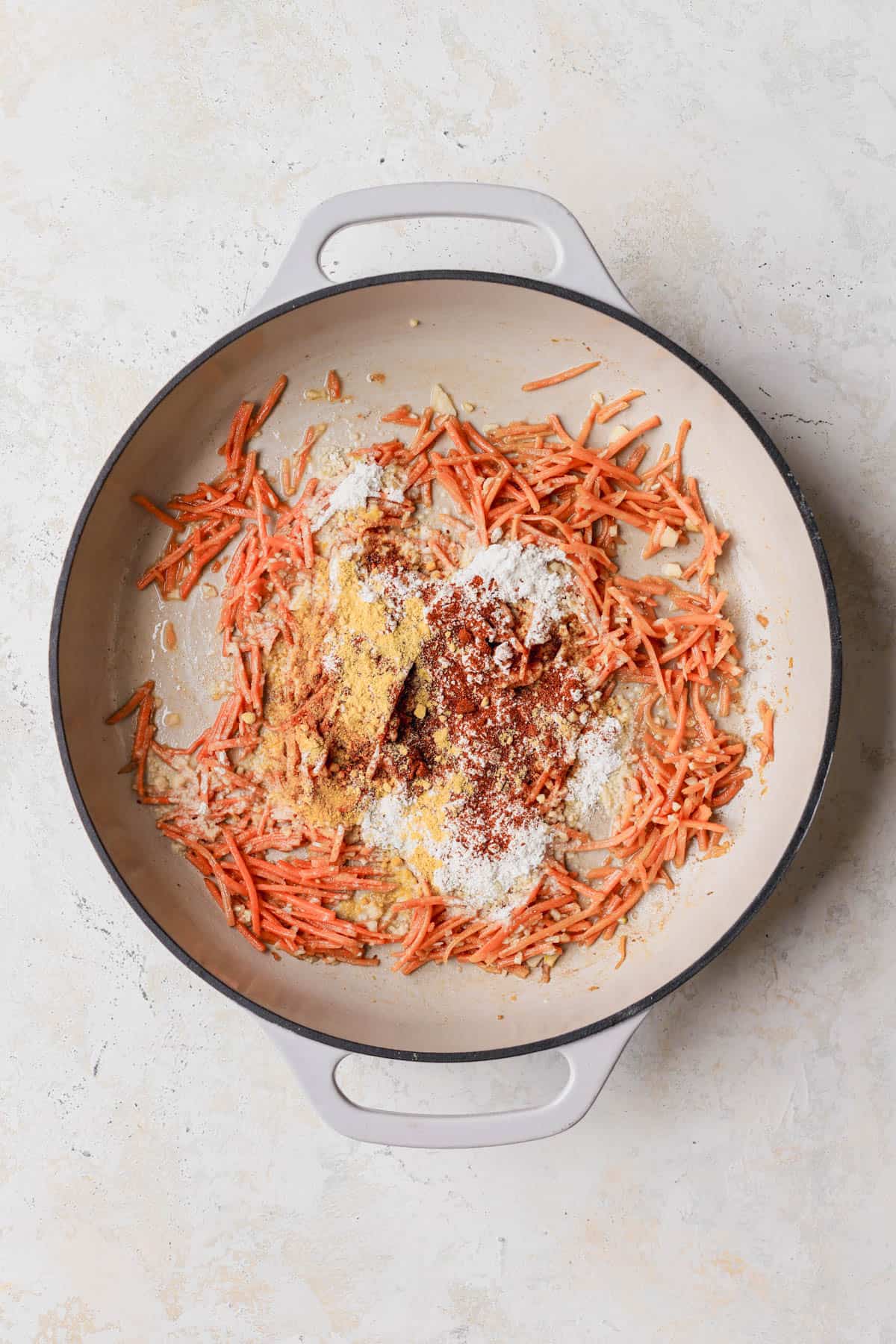 Sauteed carrots, butter, gluten-free flour, mustard powder, smoked paprika and garlic. 
