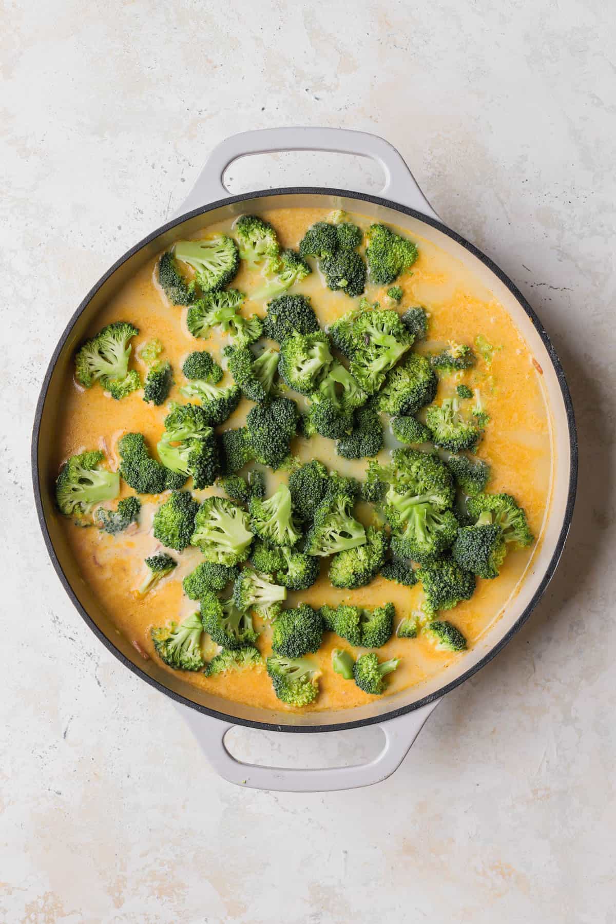 Chicken broth, milk, carrots, garlic, paprika, gluten free flour, mustard powder, butter, and broccoli florets. 