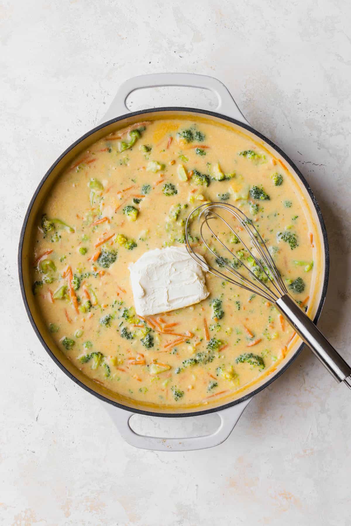 Broccoli cheddar soup with cream cheese. 