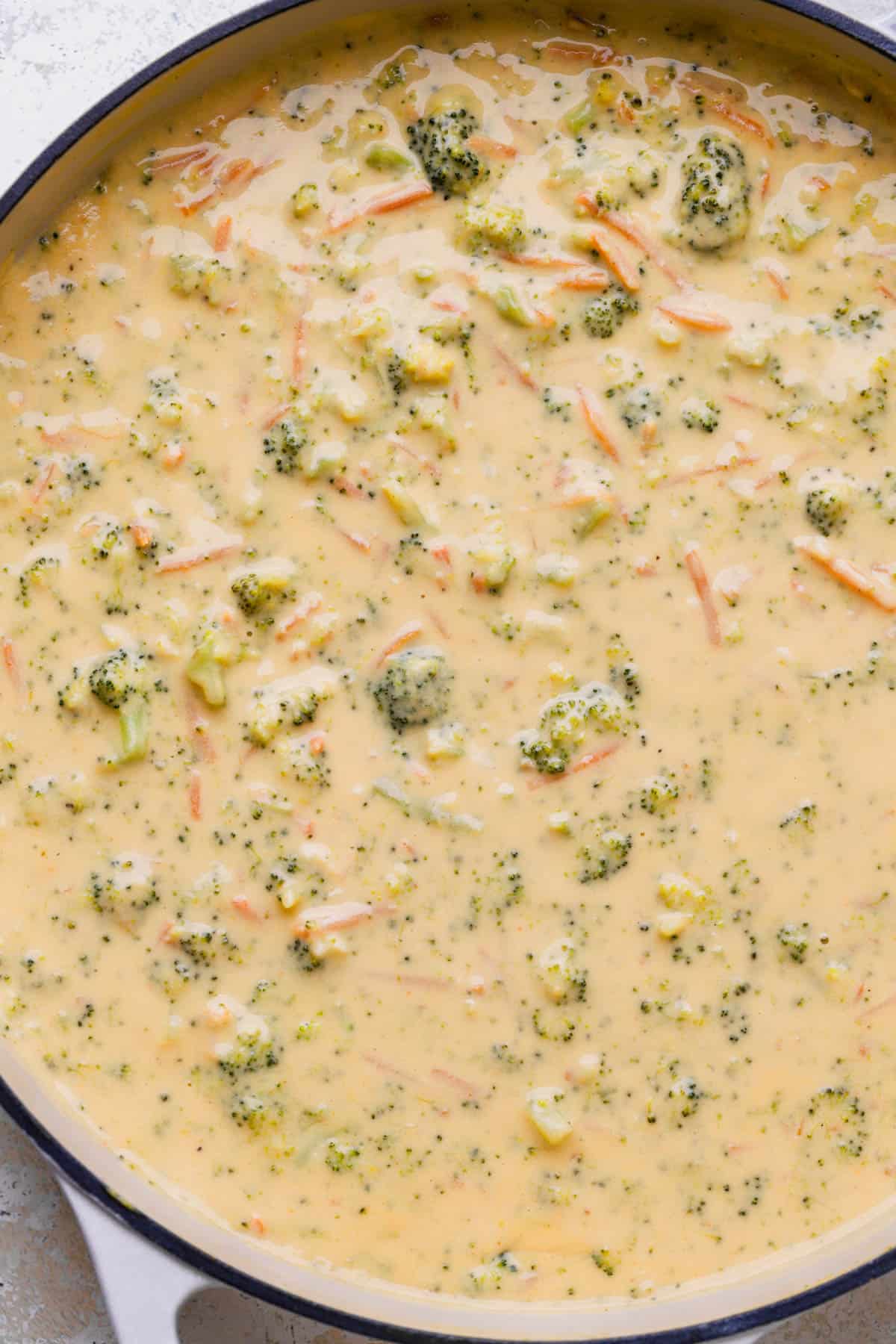 Finished broccoli cheese soup with carrots, sharp cheddar and cream cheese. 