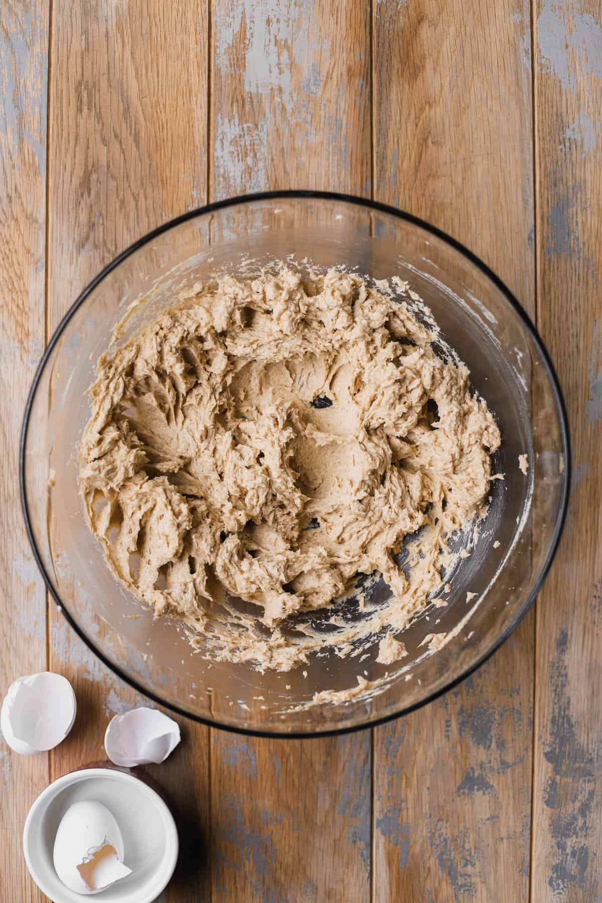 Creamed butter, sugar, brown sugar, vanilla bean paste and eggs. 