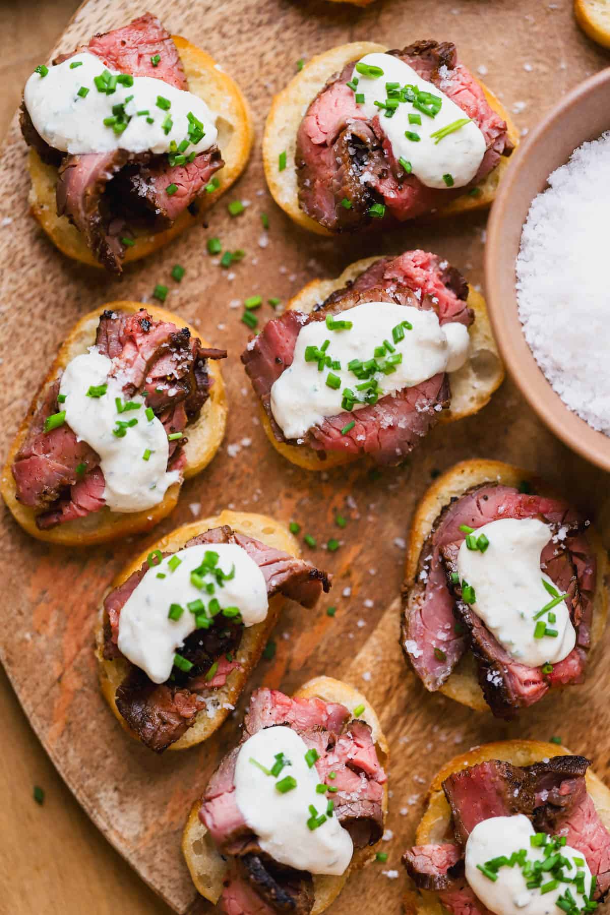 Steak crostini with horseradish cream, chives and sea salt. 