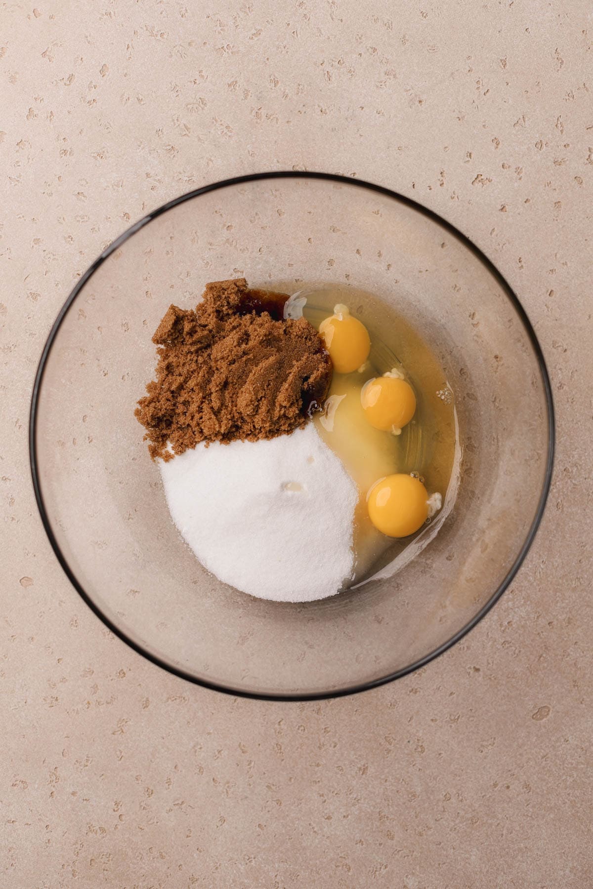 Eggs, sugar, and brown sugar. 