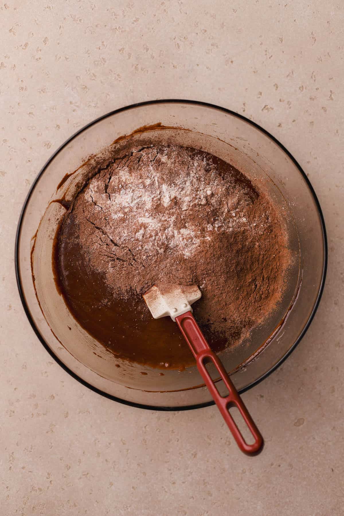 Melted butter-chocolate and egg mixture with flour, salt, espresso powder and dutch-processed cocoa powder. 