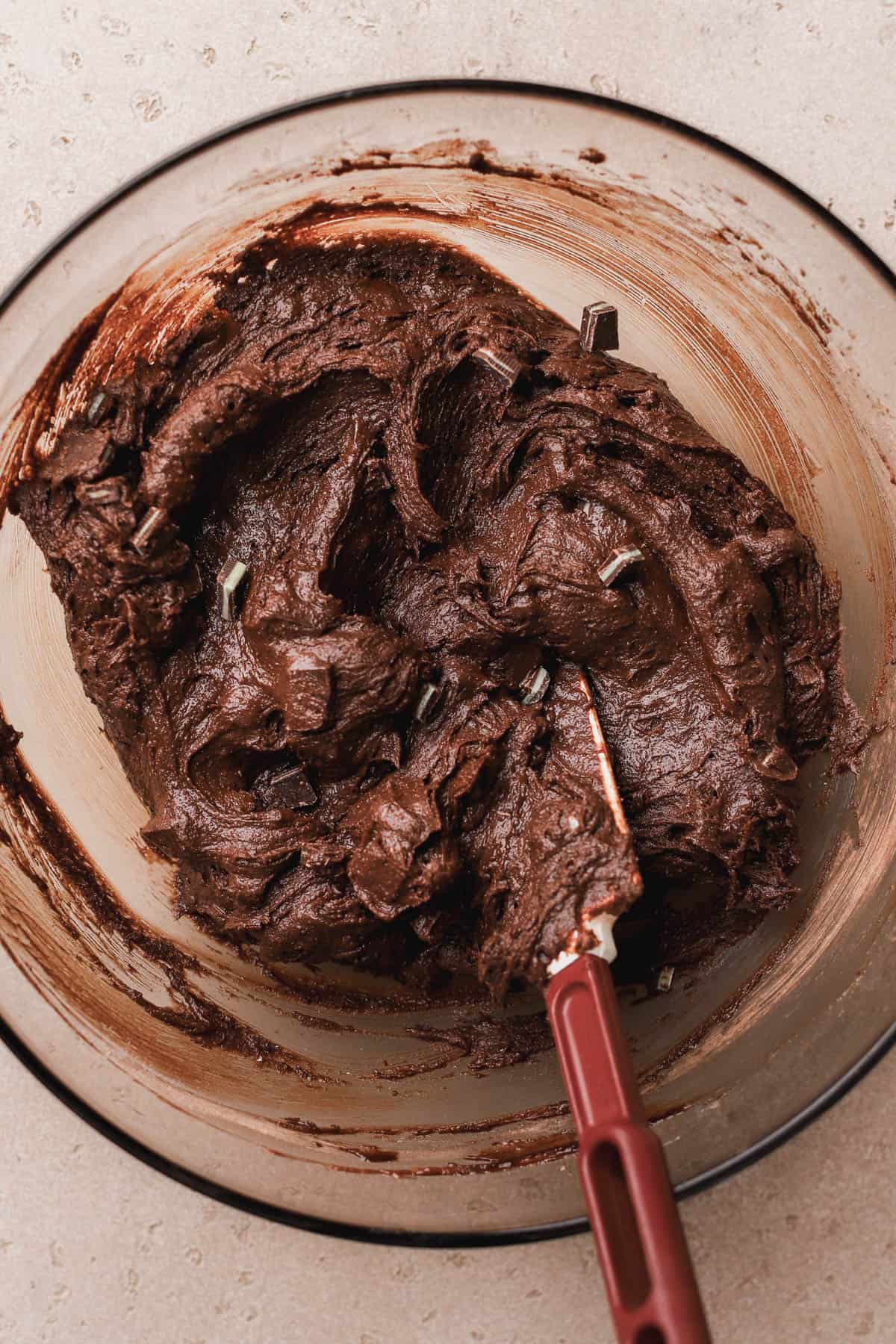 Chocolate brownie batter with chopped Andes mint. 