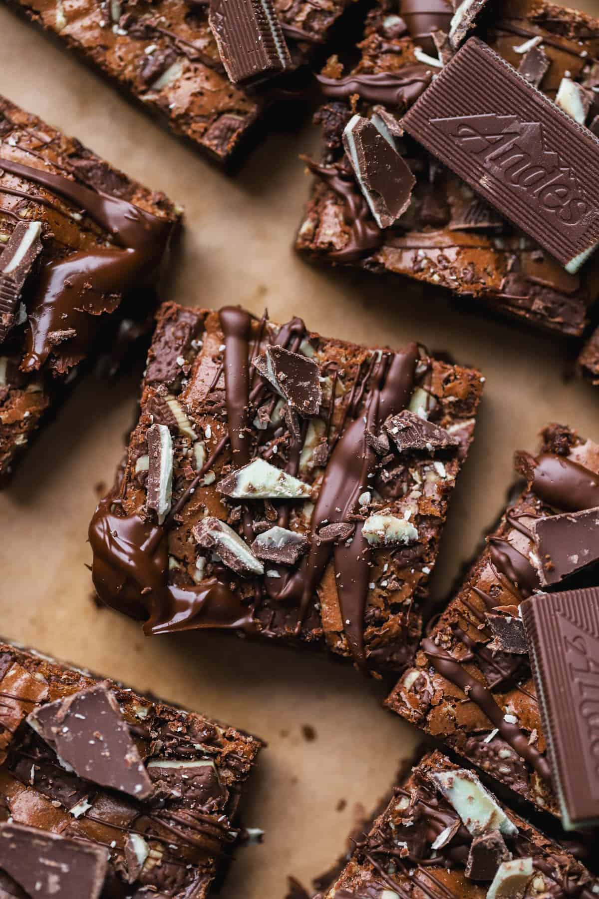Andes mint chocolate brownies with melted chocolate drizzled on top. 