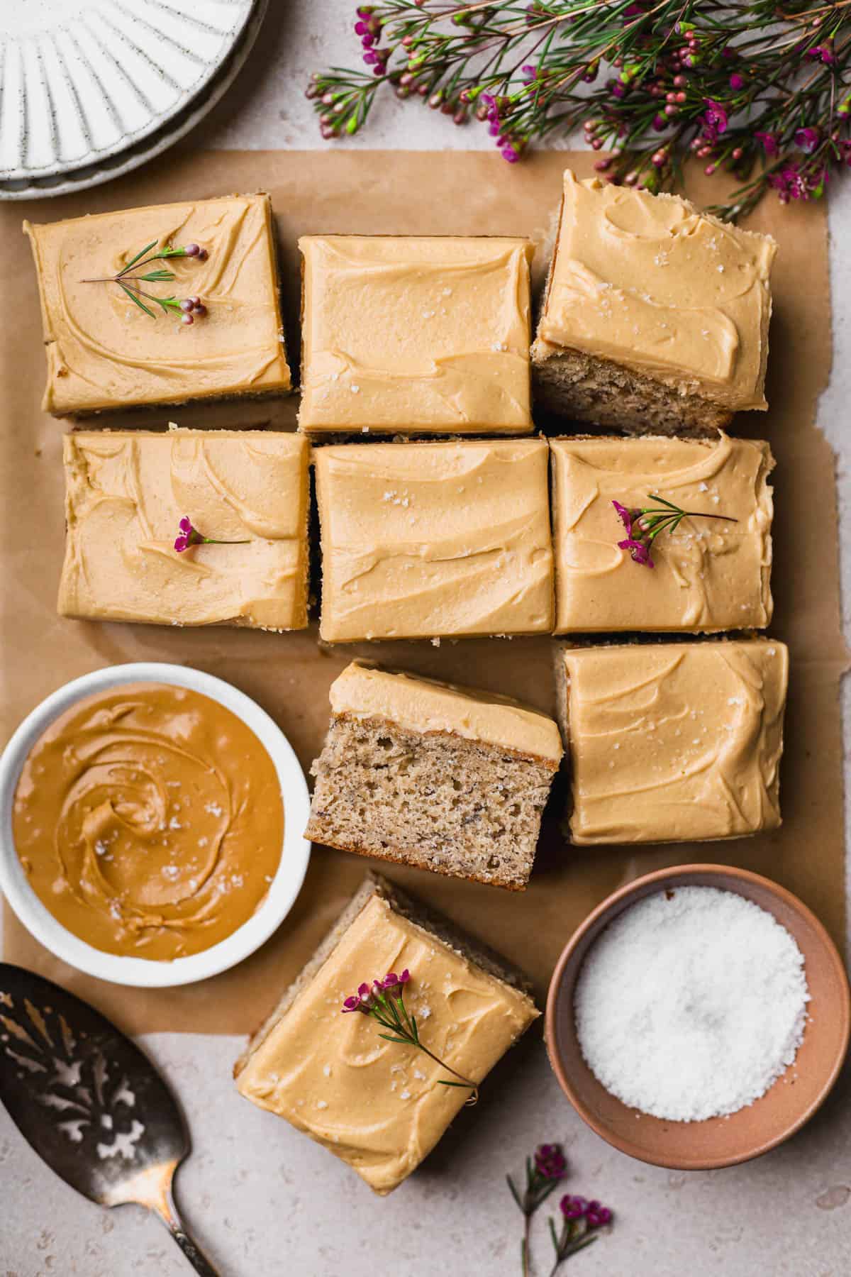 Peanut butter banana cake with peanut butter mousse and flaky sea salt.