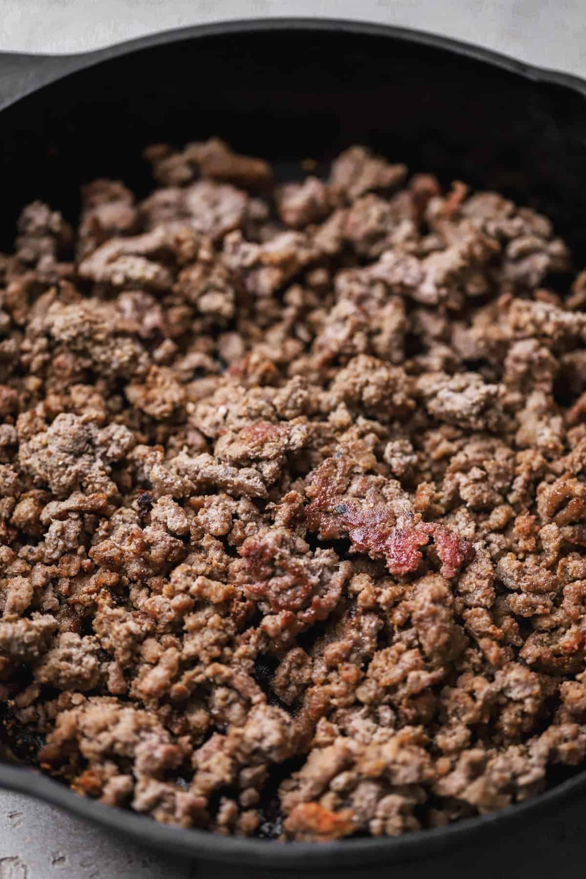 Seared ground beef with garlic powder, onion powder, paprika, salt and pepper.