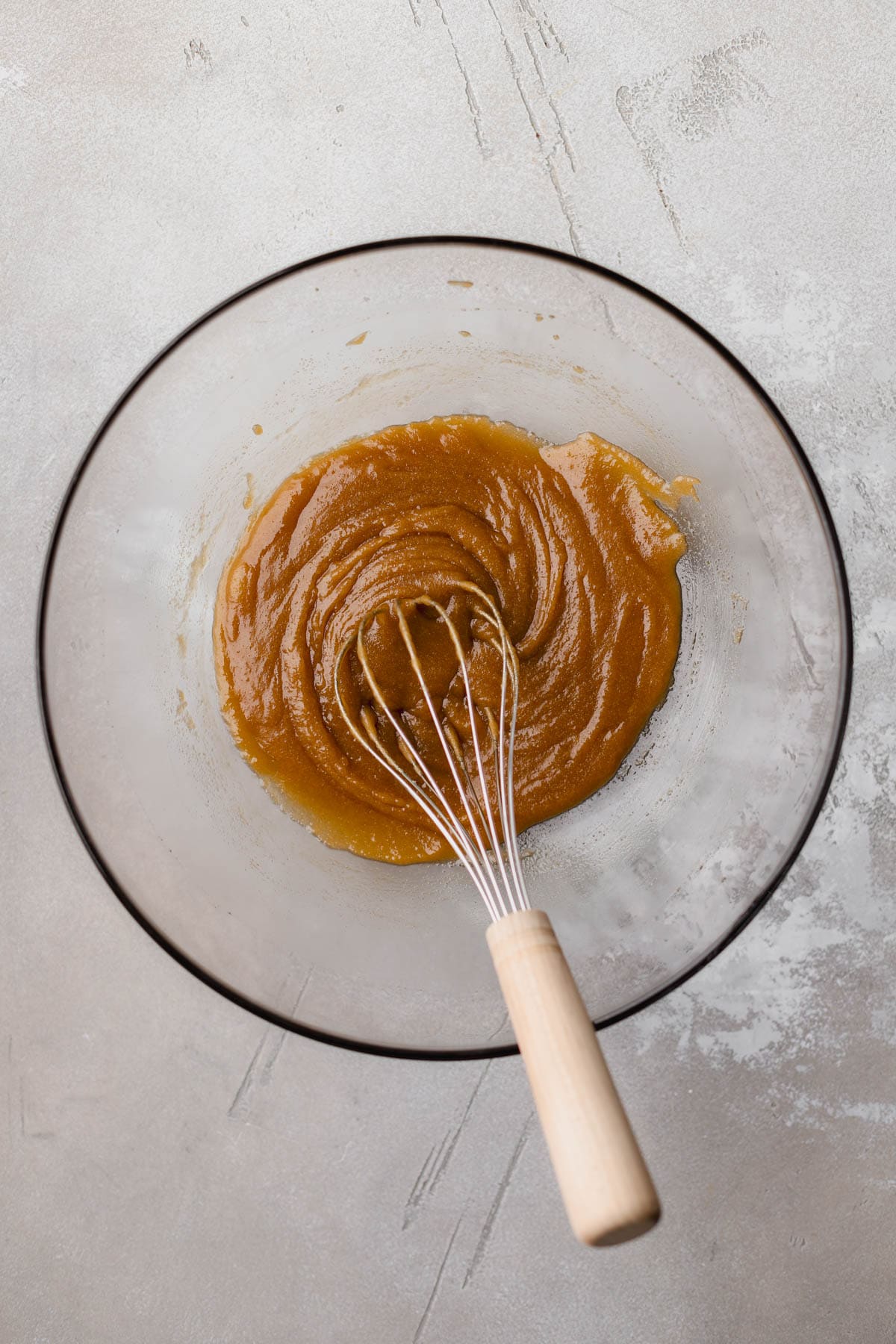 Melted butter, brown sugar and white granulated sugar. 