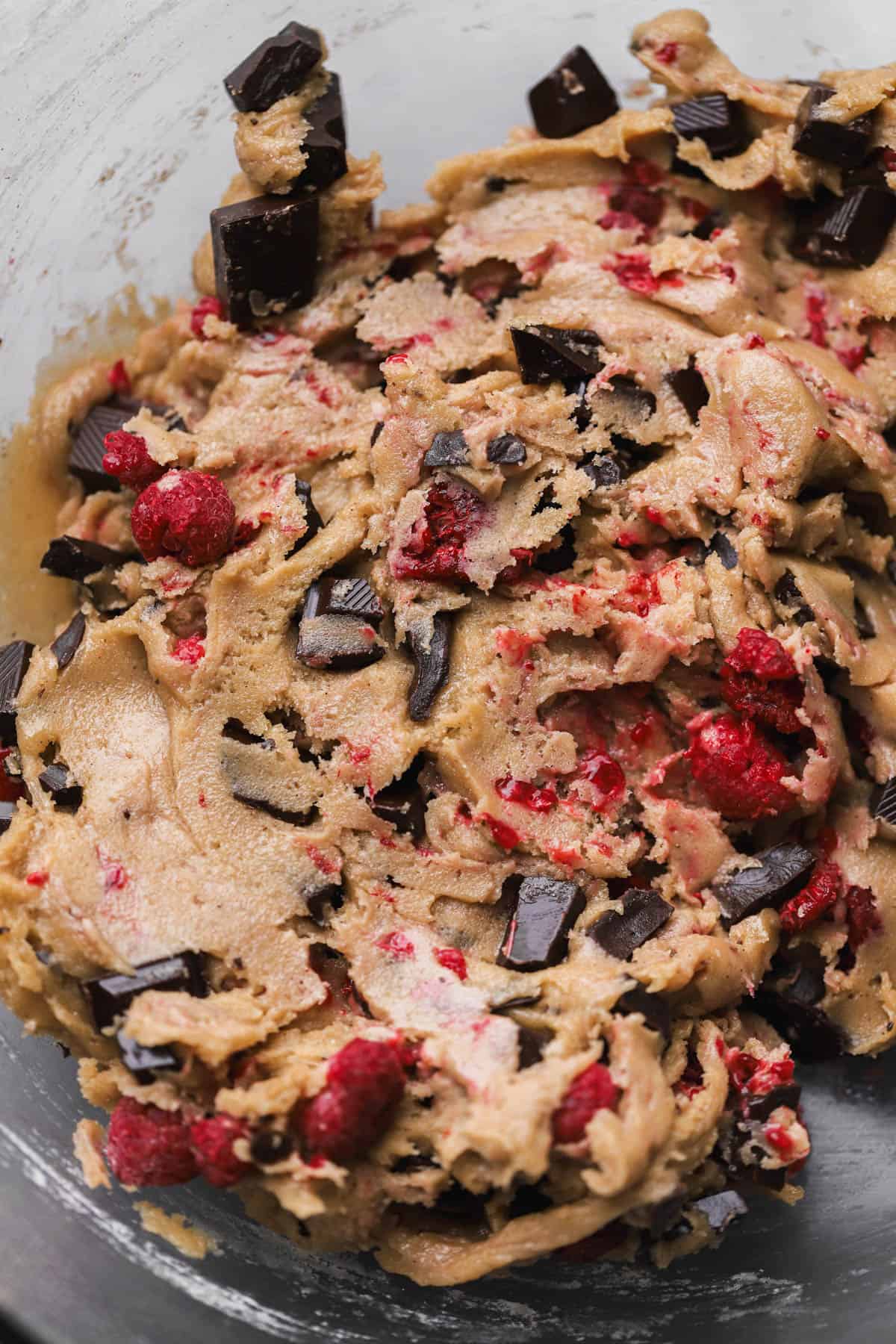Raspberry Chocolate Chip Cookies with frozen raspberries and dark chocolate chunks.  