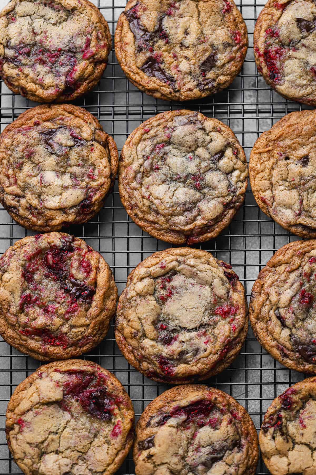 Raspberry Chocolate Chip Cookies with frozen raspberries and dark chocolate chunks.  