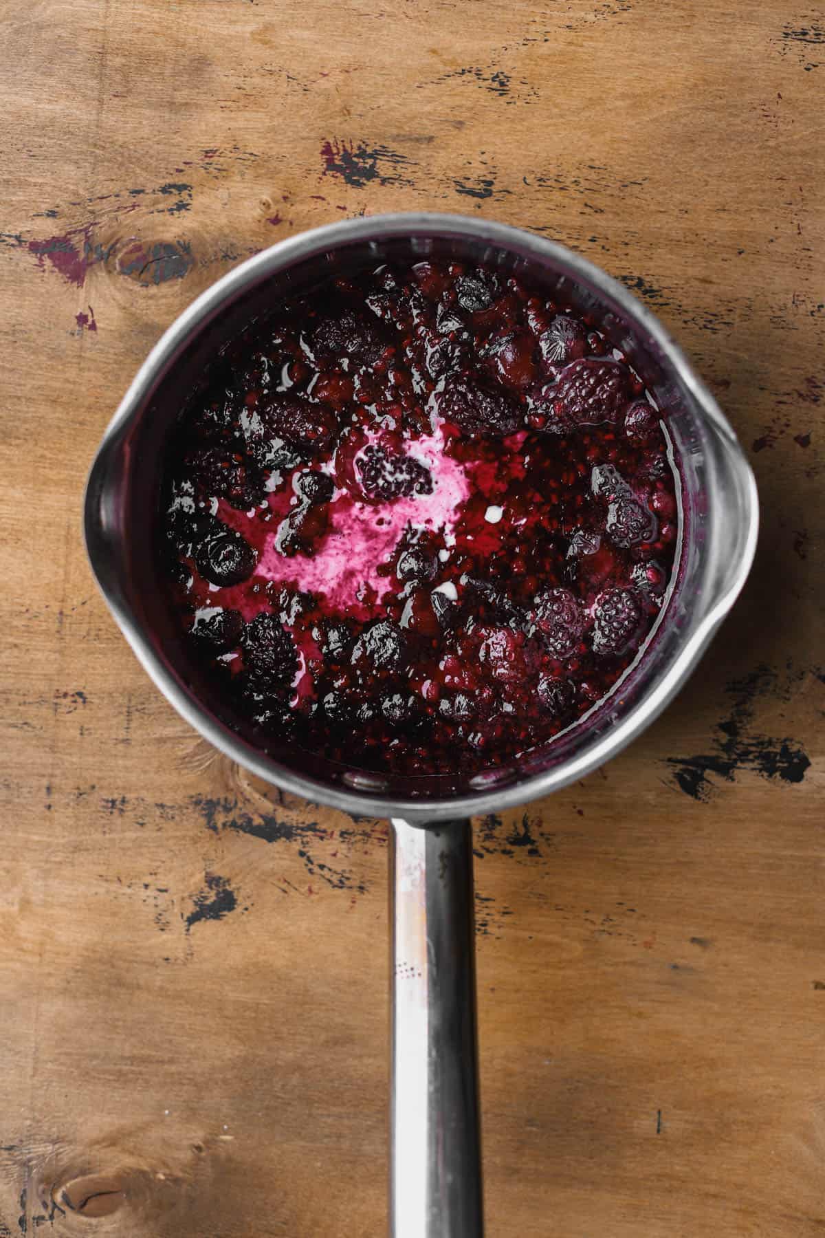 Cooked berries with lemon juice, lemon zest, sugar, and cornstarch slurry.  