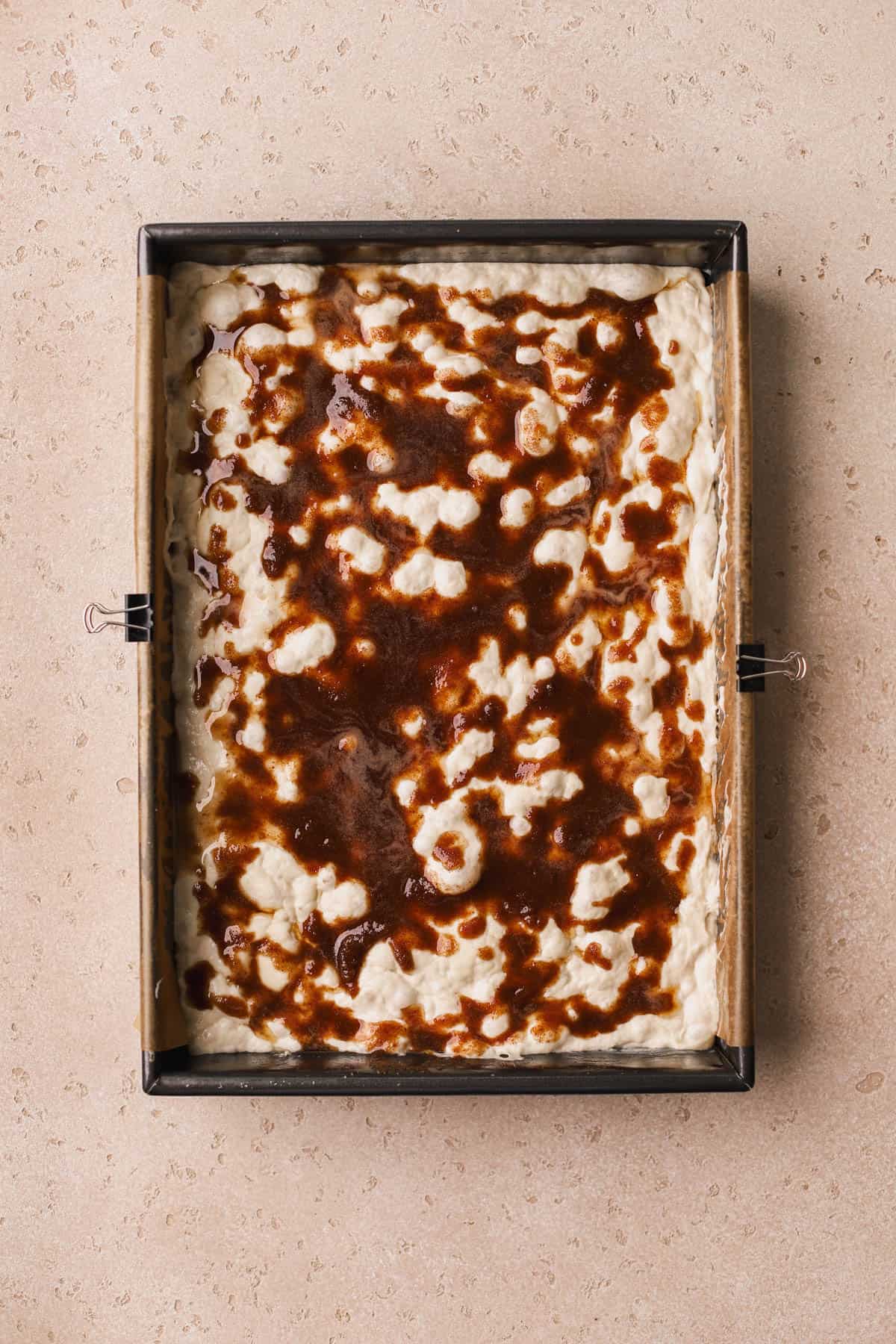 Focaccia drizzled with cinnamon-sugar mixture.