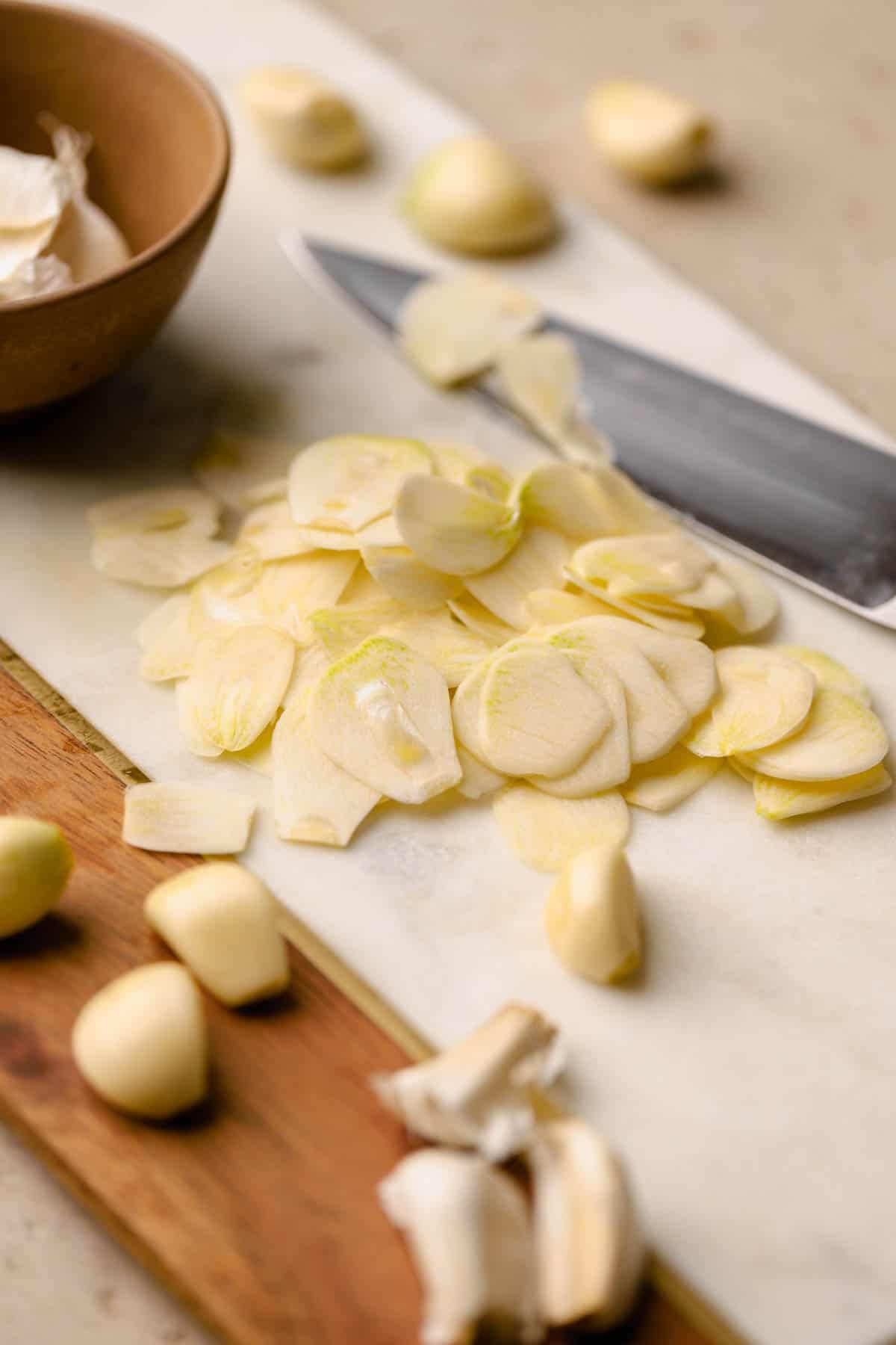 Sliced garlic cloves.