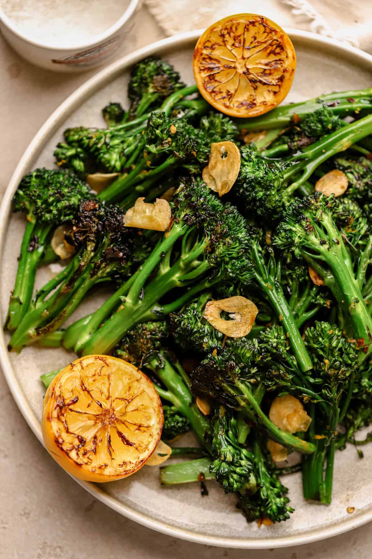 Charred Broccolini with toasted garlic and caramelized lemon.