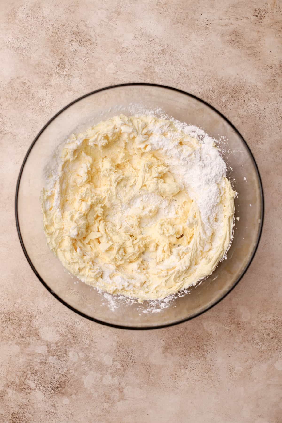 Whipped butter, sugar, oil, eggs, vanilla, flour, salt, and baking powder. 