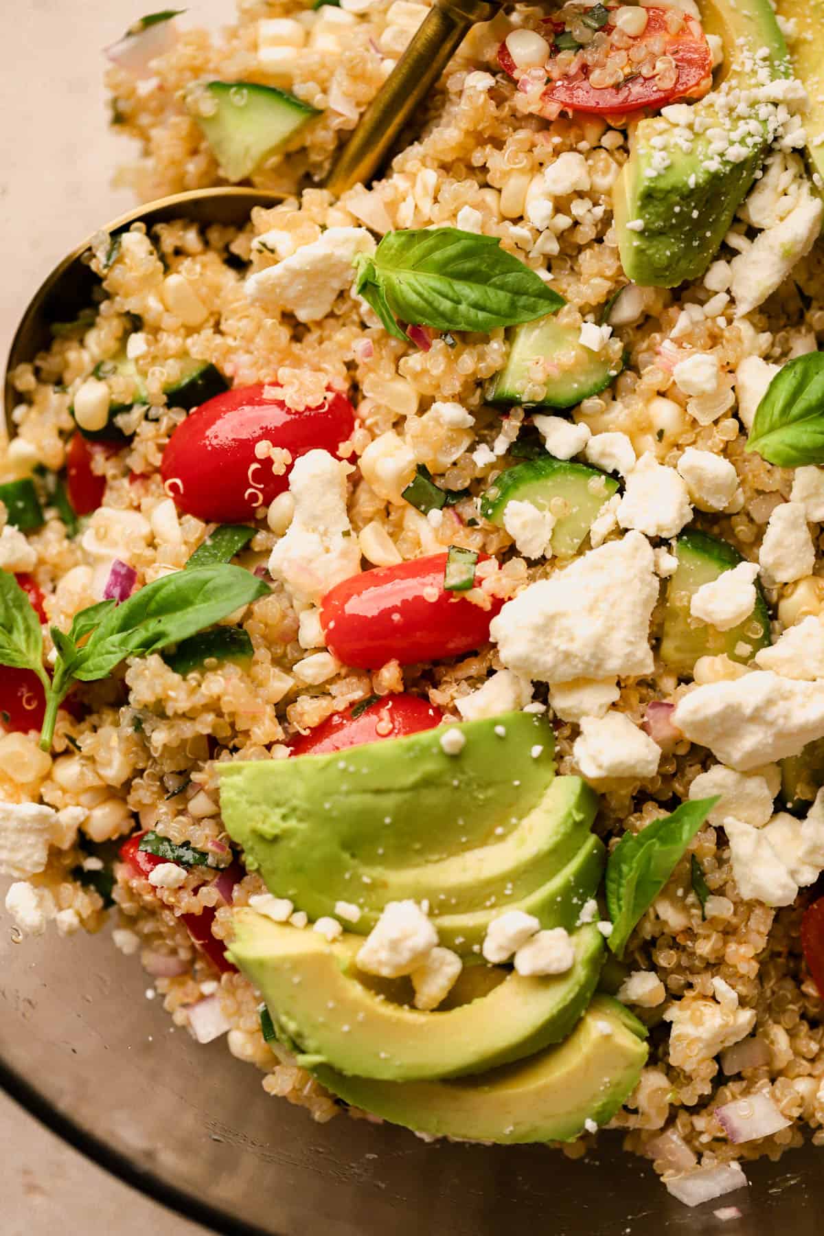 Quinoa salad with salmon is made with cucumbers, feta, cherry tomatoes, radishes, red onions, basil, avocado, and tarragon vinaigrette. 