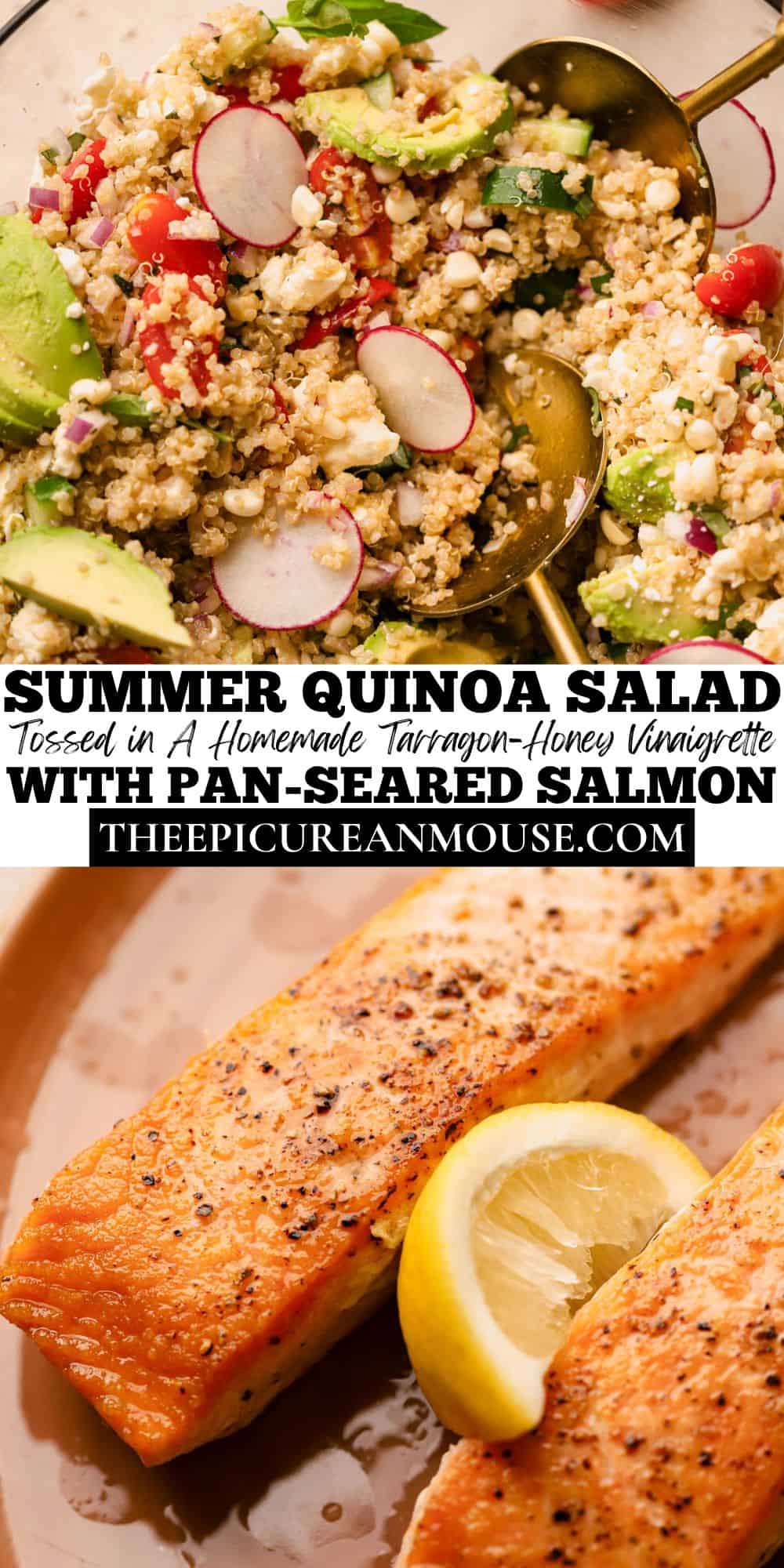 Quinoa salad with salmon tossed in a tarragon-honey vinaigrette with cucumbers, feta, tomatoes, basil, radishes, fresh corn and avocado.