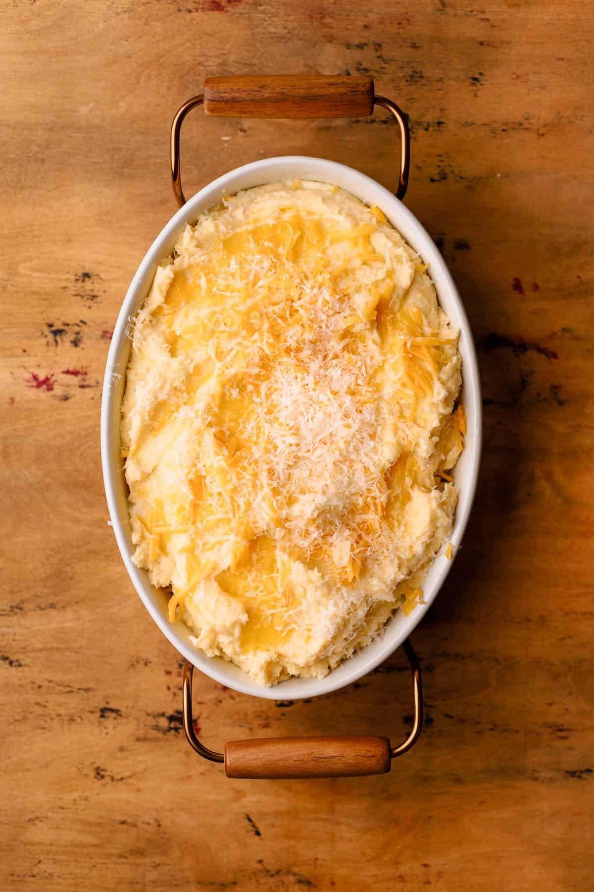 Roasted garlic, gold potatoes with cheddar, parmesan, and melted butter. 