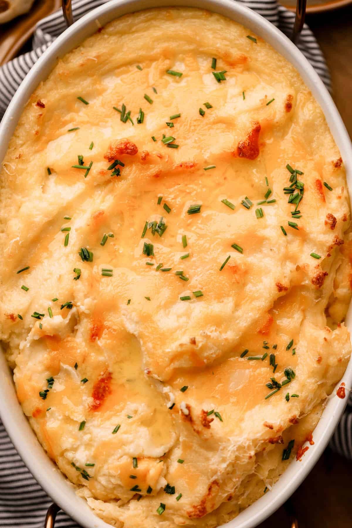 Creamy side dish baked in a casserole with golden, bubbly top. 
