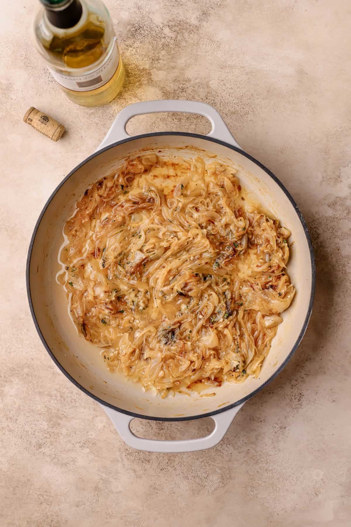 Caramelized onions with fresh thyme, garlic, and white wine. 