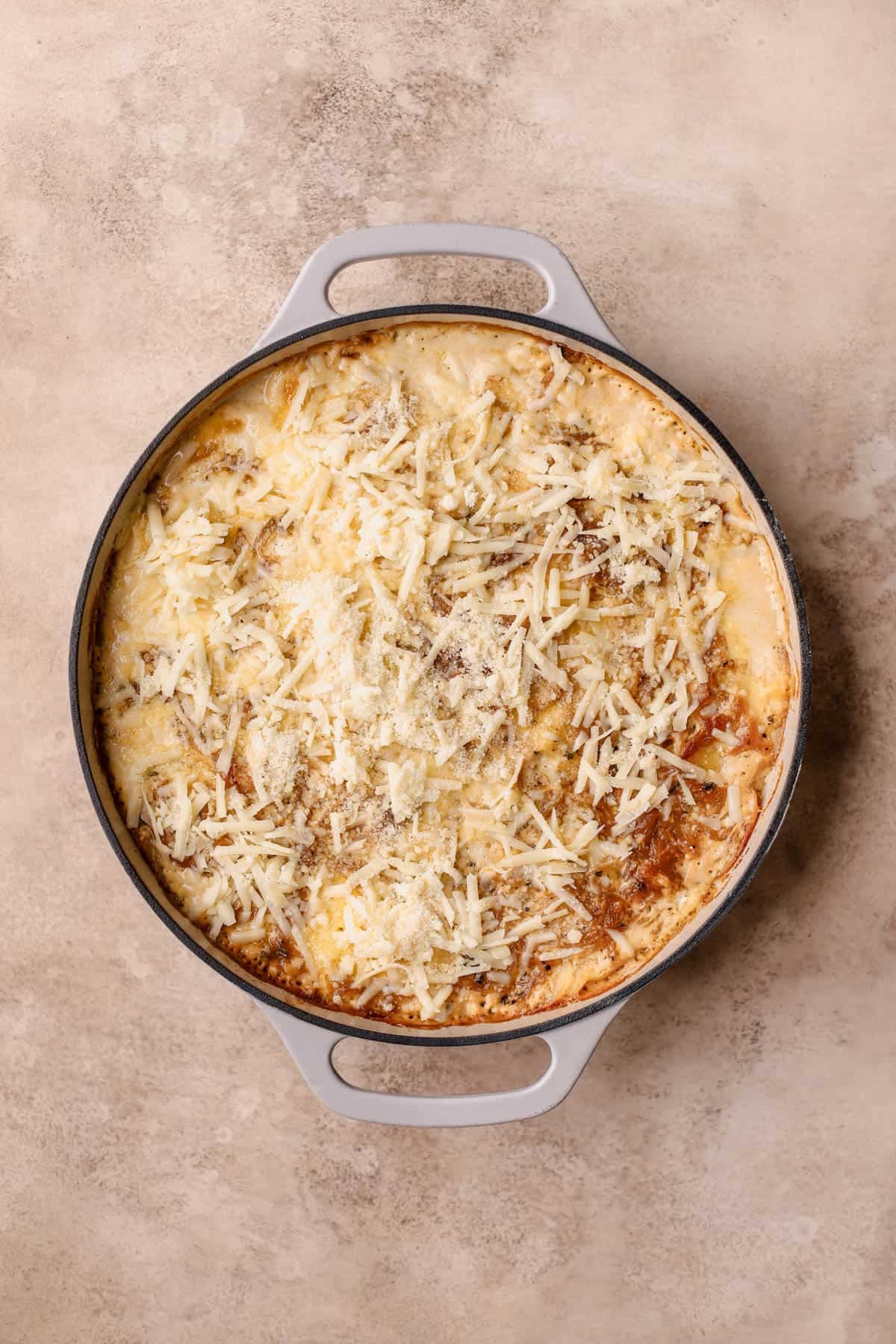 French onion soup potatoes are made with caramelized onions, white wine, fresh thyme, milk, cream, Gruyere, cheddar and Parmesan cheese.