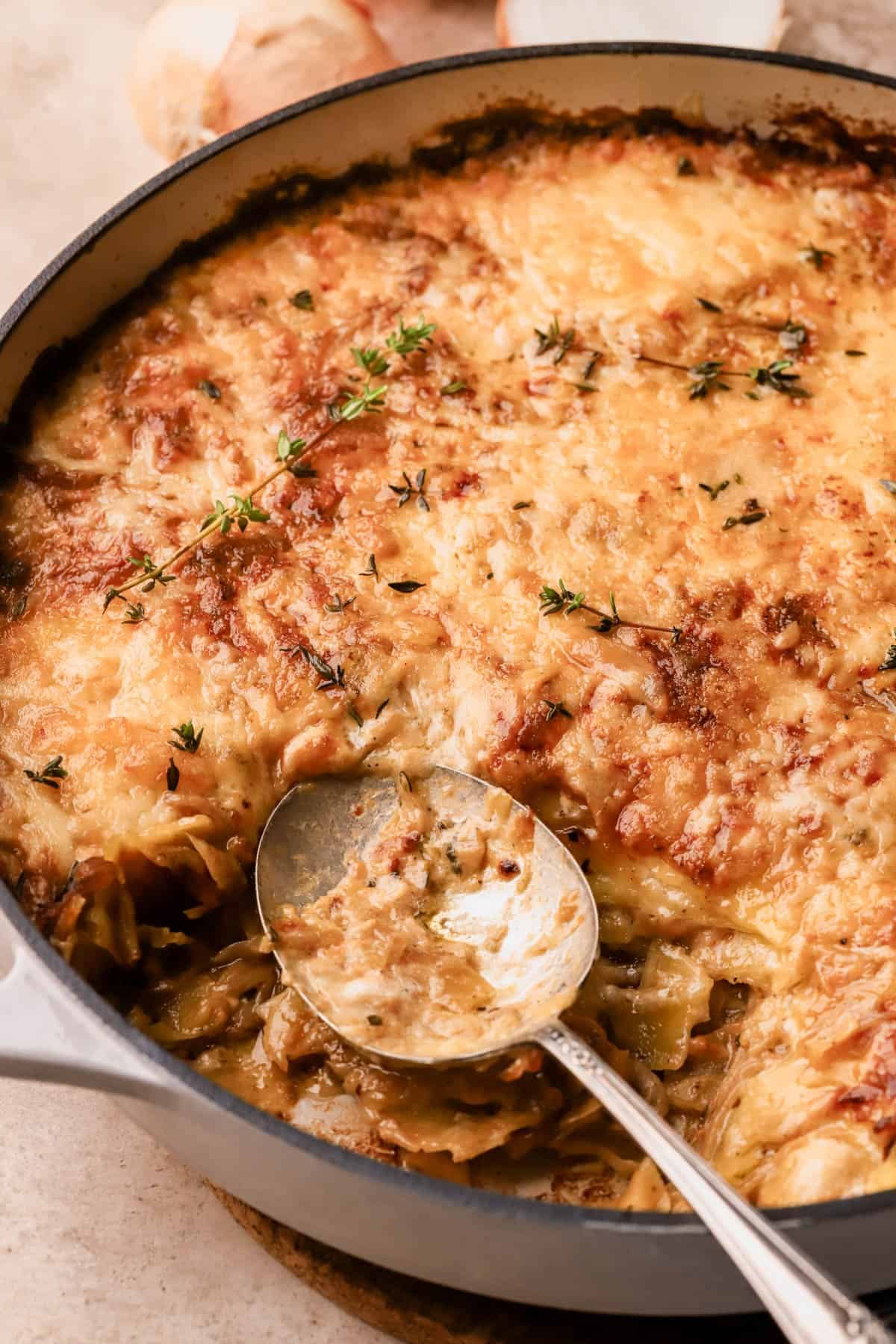 French onion soup potatoes are made with caramelized onions, white wine, fresh thyme, milk, cream, Gruyere, cheddar and Parmesan cheese.