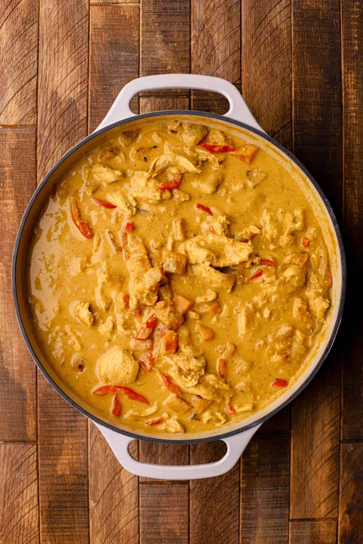 Pumpkin chicken curry is made with yellow curry paste, coconut milk, bell peppers, butternut squash, fresh herbs and toasted cashews. 