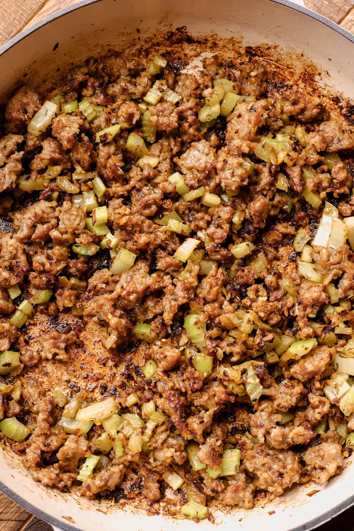 Browned Italian sausage, onions, garlic, and celery.