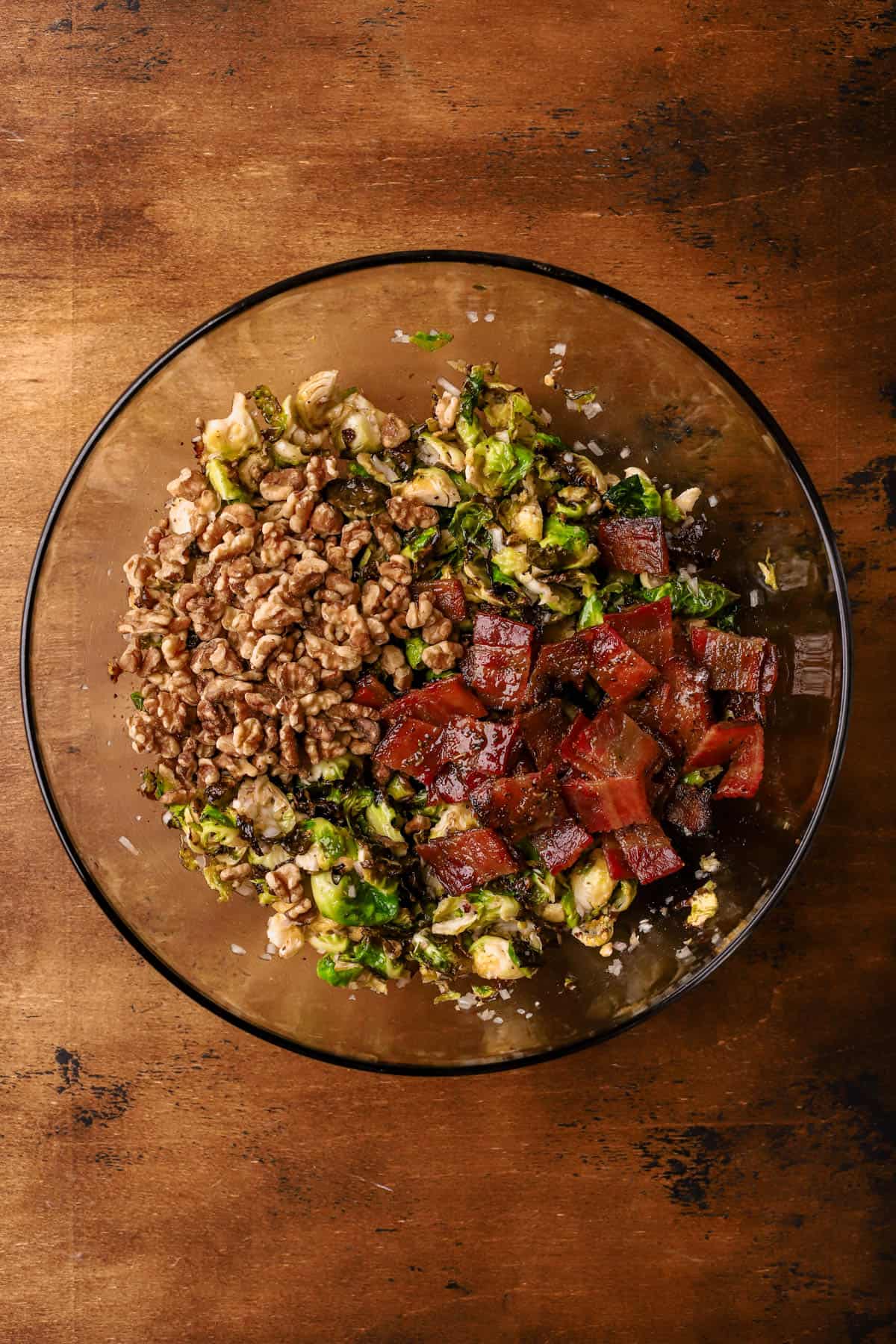 Roasted Brussels sprouts, candied bacon, and toasted walnuts. 