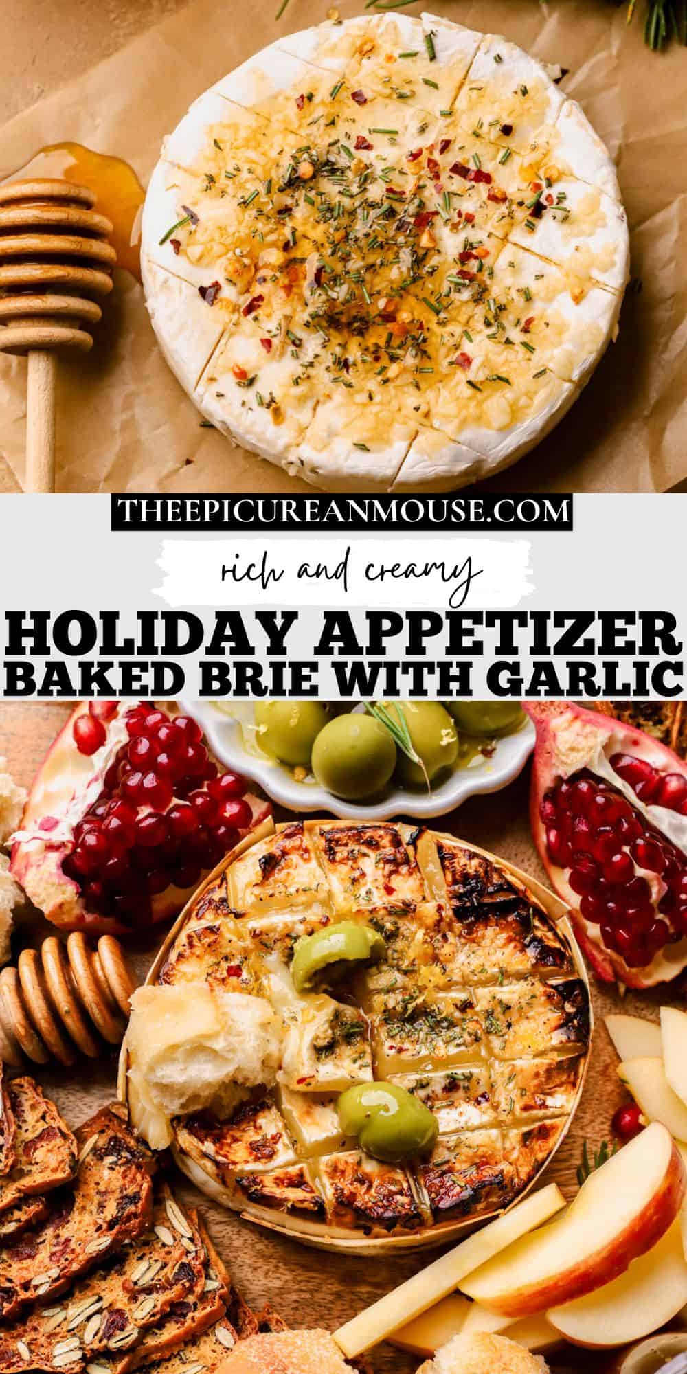 Baked brie with garlic, rosemary, honey, red pepper flakes, and lemon zest.