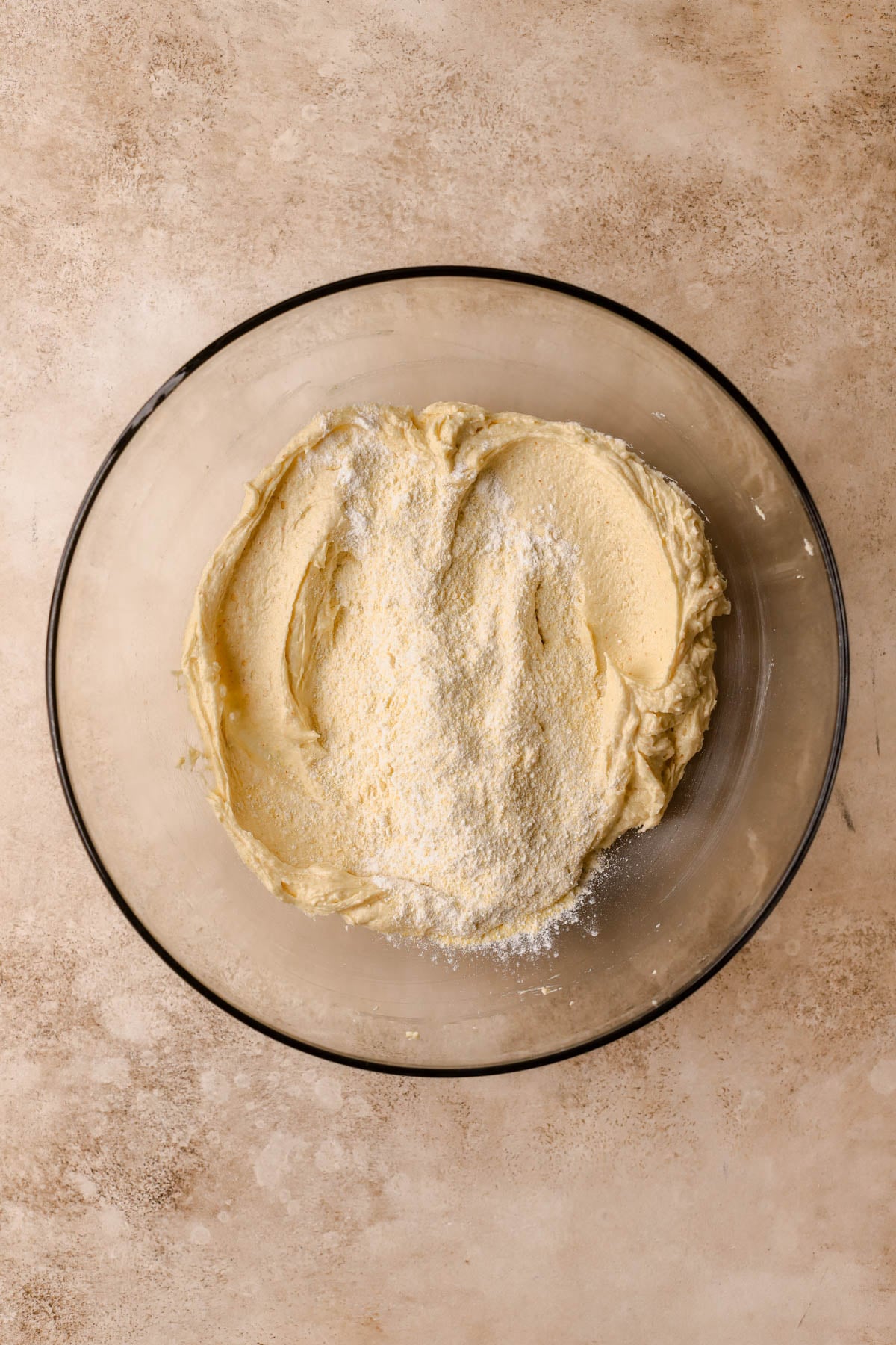 Dry ingredients added to whipped brown butter mixture. 