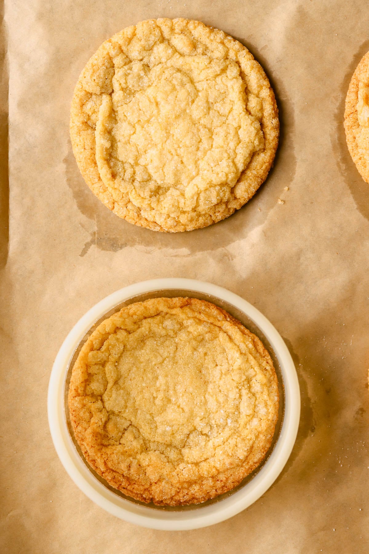 Baked cornbread cookies, scooted with a cookie cutter to make perfectly round cookies.