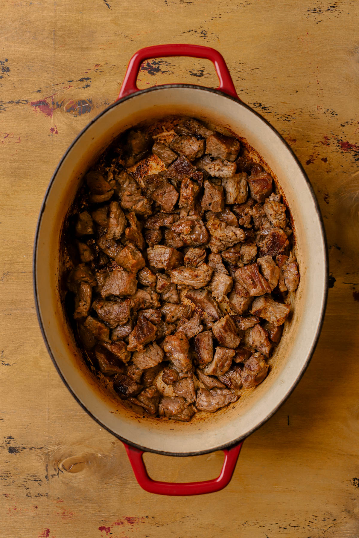 Seared chuck roast in Dutch oven. 