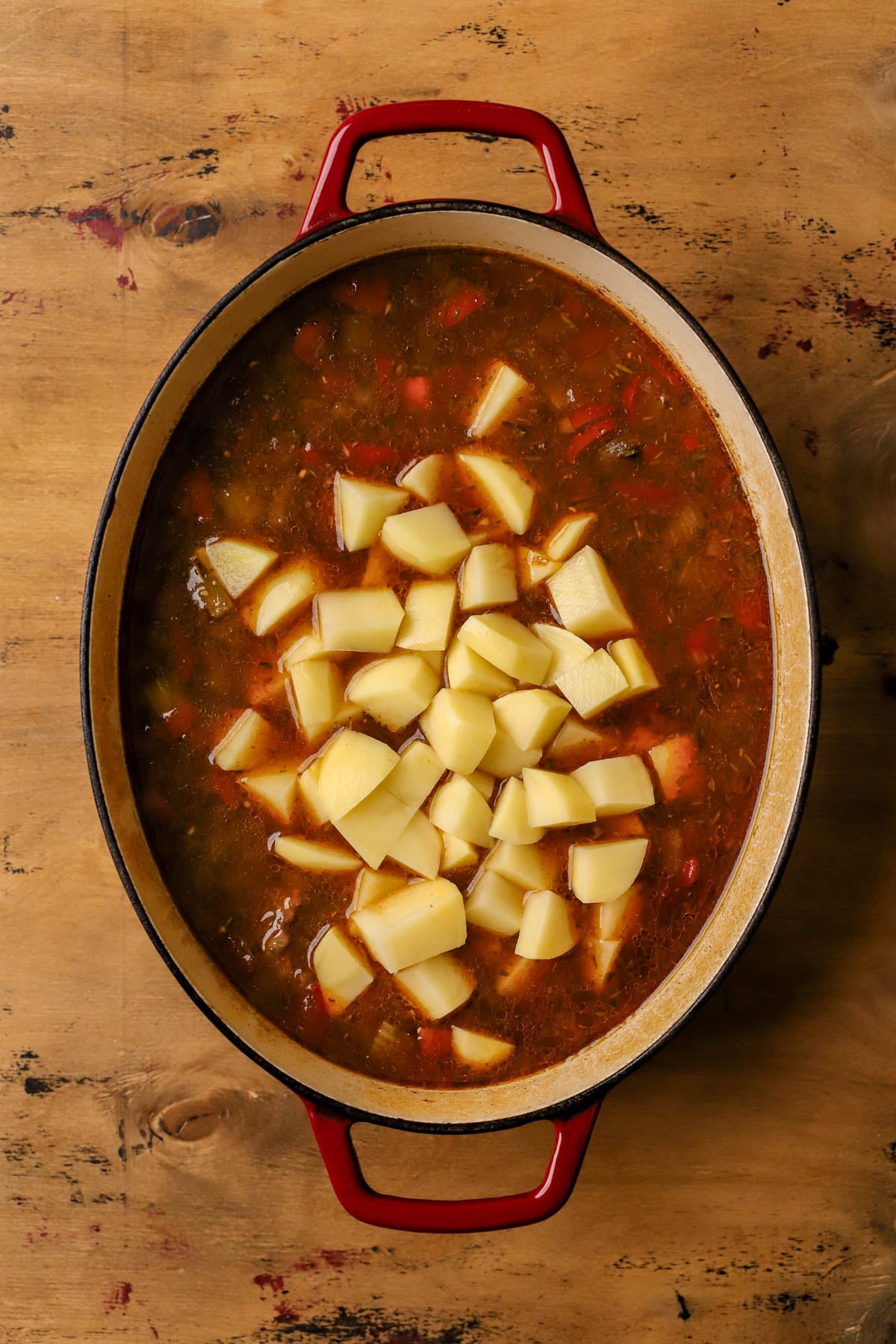 Diced gold potatoes added to the beef barley soup. 